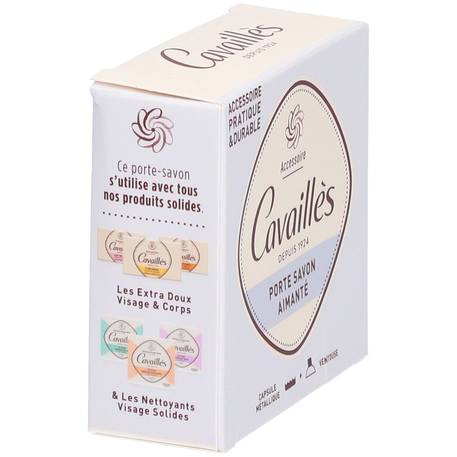 Boîte Cavaillès Porte Savon aimanté. Montre savons. Texte: Porte Savon aimanté, Les Extra Doux Visage & Corps, & Les Nettoyants Visage Solides.