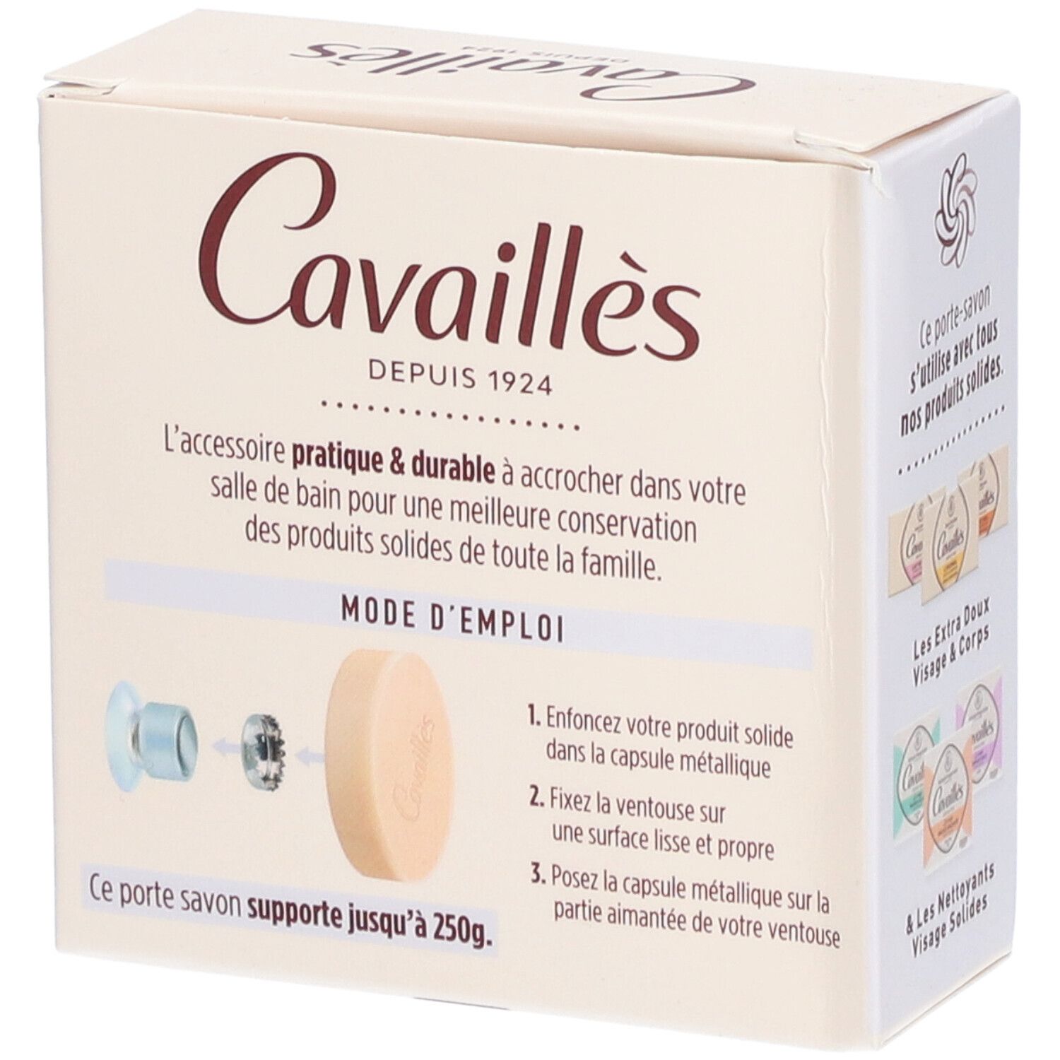Boîte Cavaillès Porte Savon aimanté. Montre instructions. Texte: Porte Savon aimanté, Mode d'emploi, jusqu'à 250g.