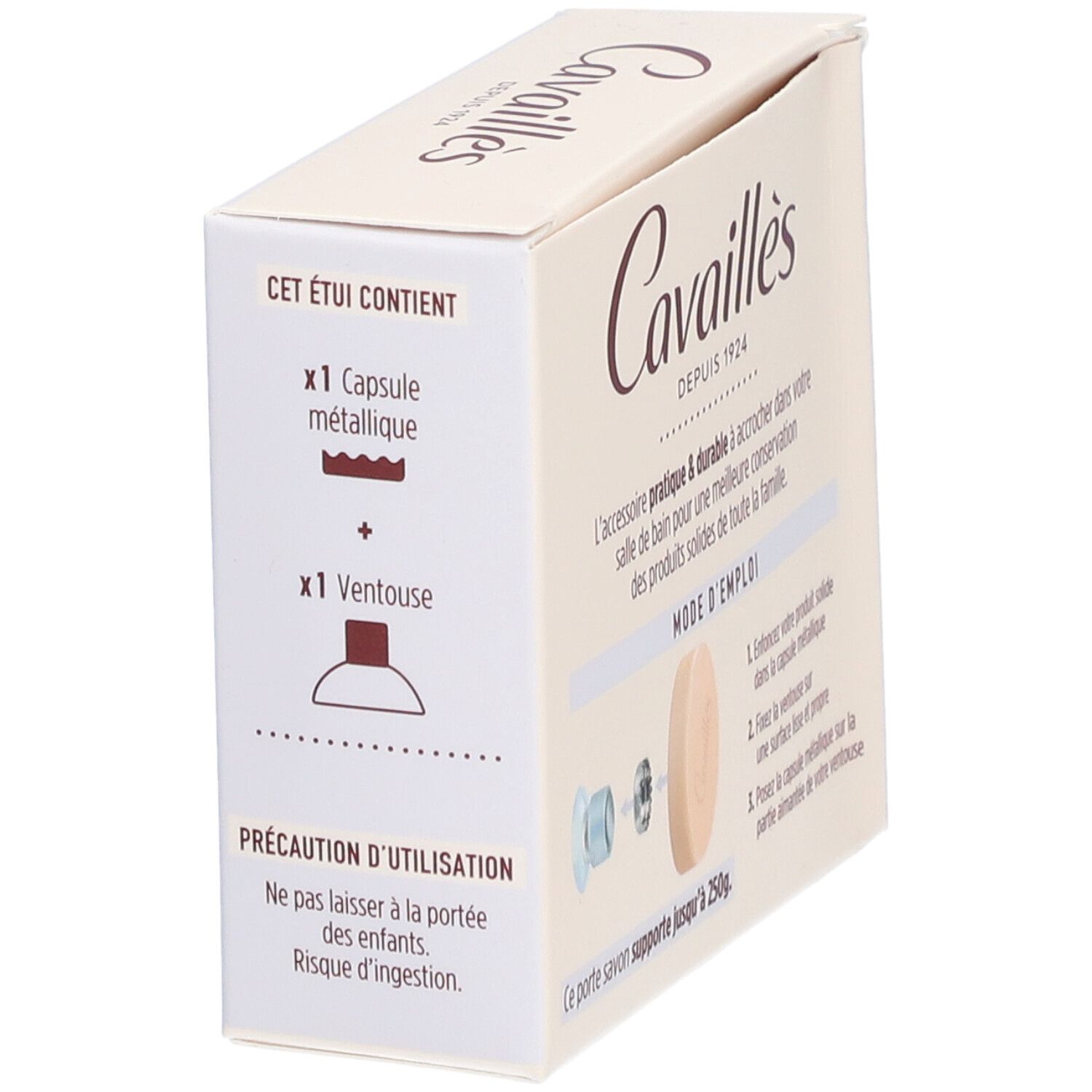 Boîte Cavaillès Porte Savon aimanté. Montre contenu. Texte: Porte Savon aimanté, x1 Capsule métallique, x1 Ventouse.