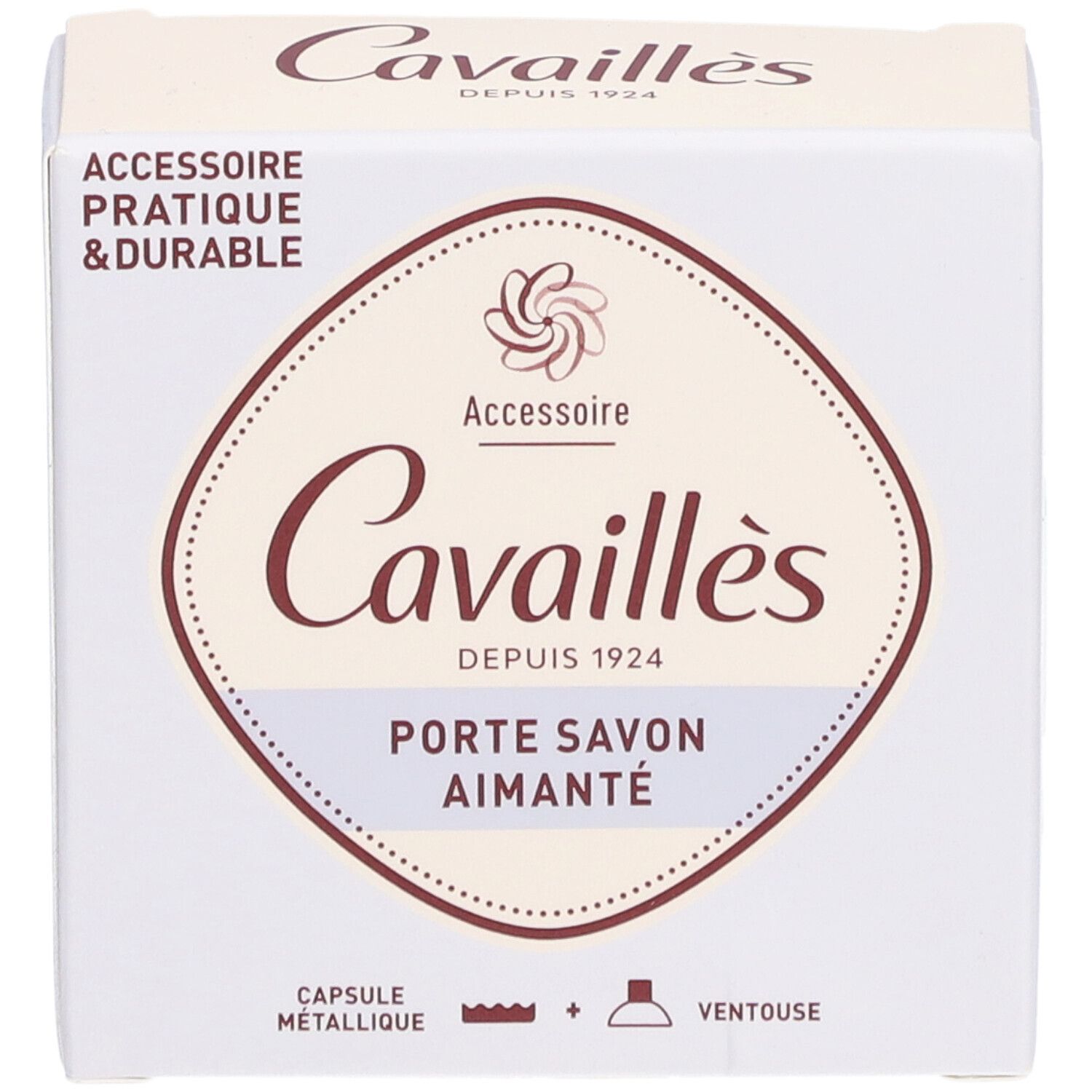 Boîte Cavaillès Porte Savon aimanté. Blanche, accents bruns. Texte: Porte Savon aimanté, Accessoire pratique & durable.