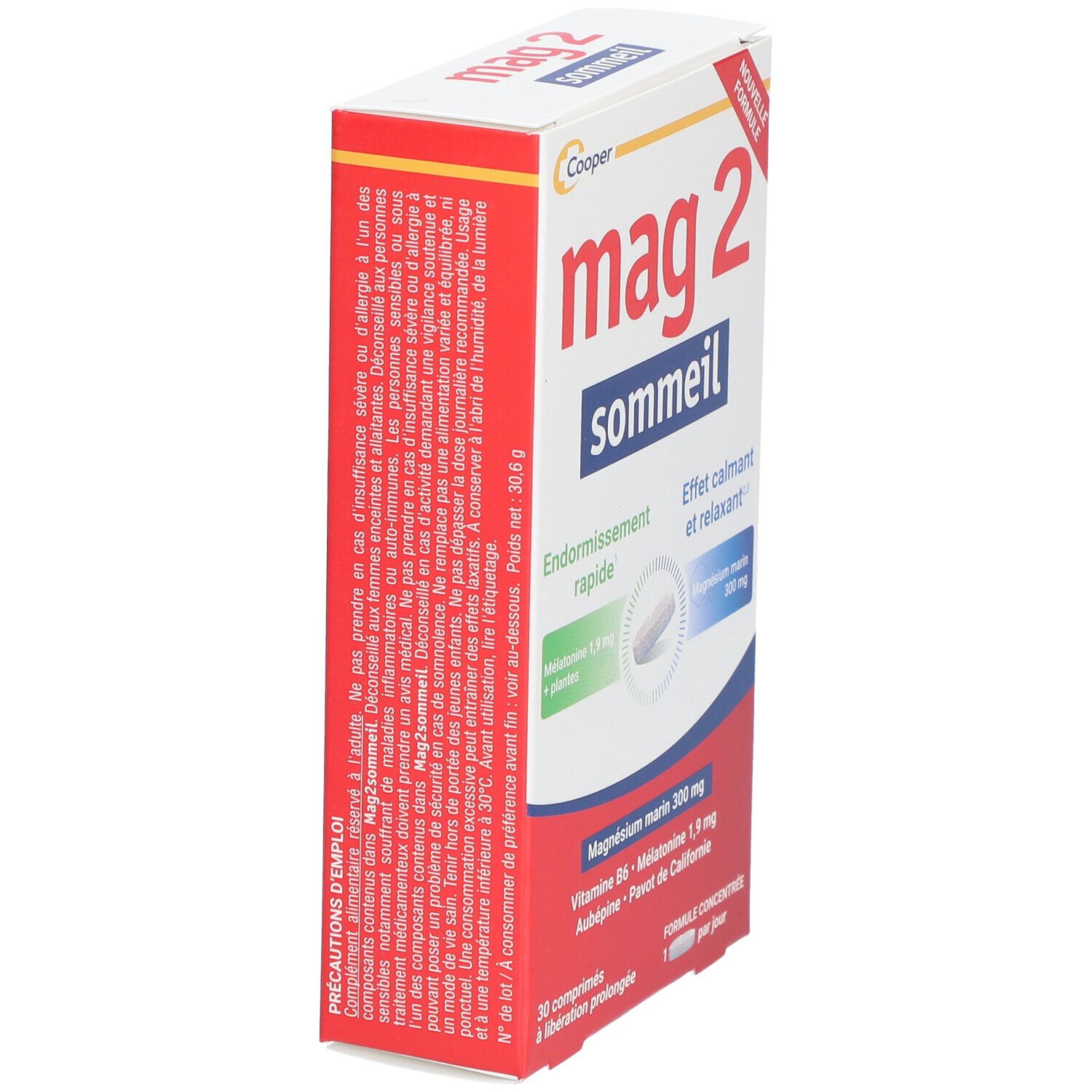Boîte "mag 2 sommeil". Emballage rouge et blanc. Contient 30 comprimés. Texte : "Nouvelle formule".