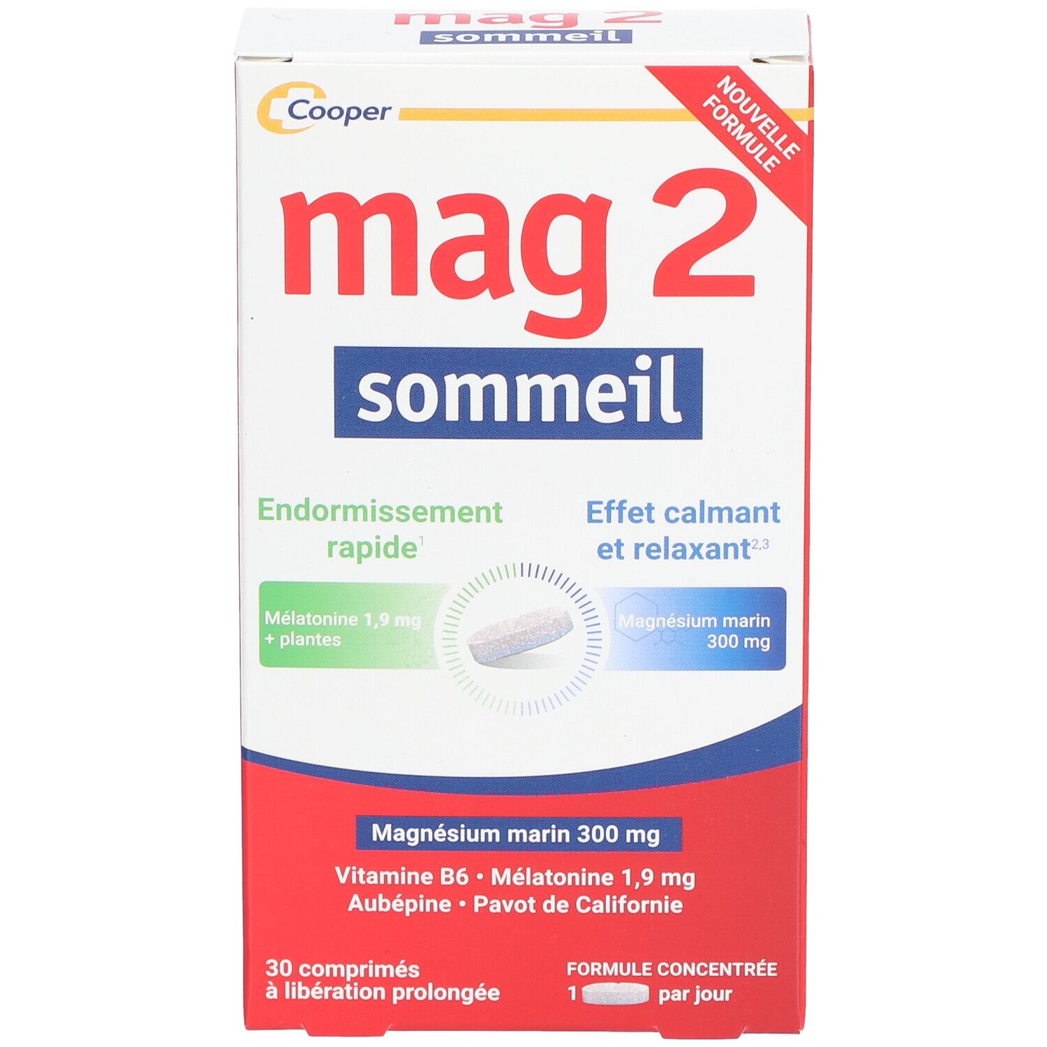 Boîte "mag 2 sommeil". Emballage rouge et blanc. Contient 30 comprimés. Texte : "Nouvelle formule".