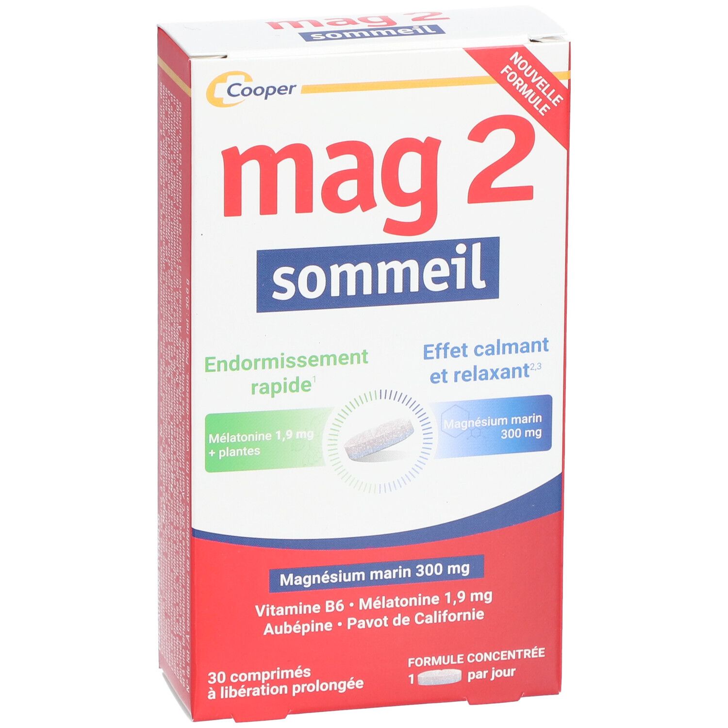 Boîte "mag 2 sommeil". Emballage rouge et blanc. Contient 30 comprimés. Texte : "Nouvelle formule".