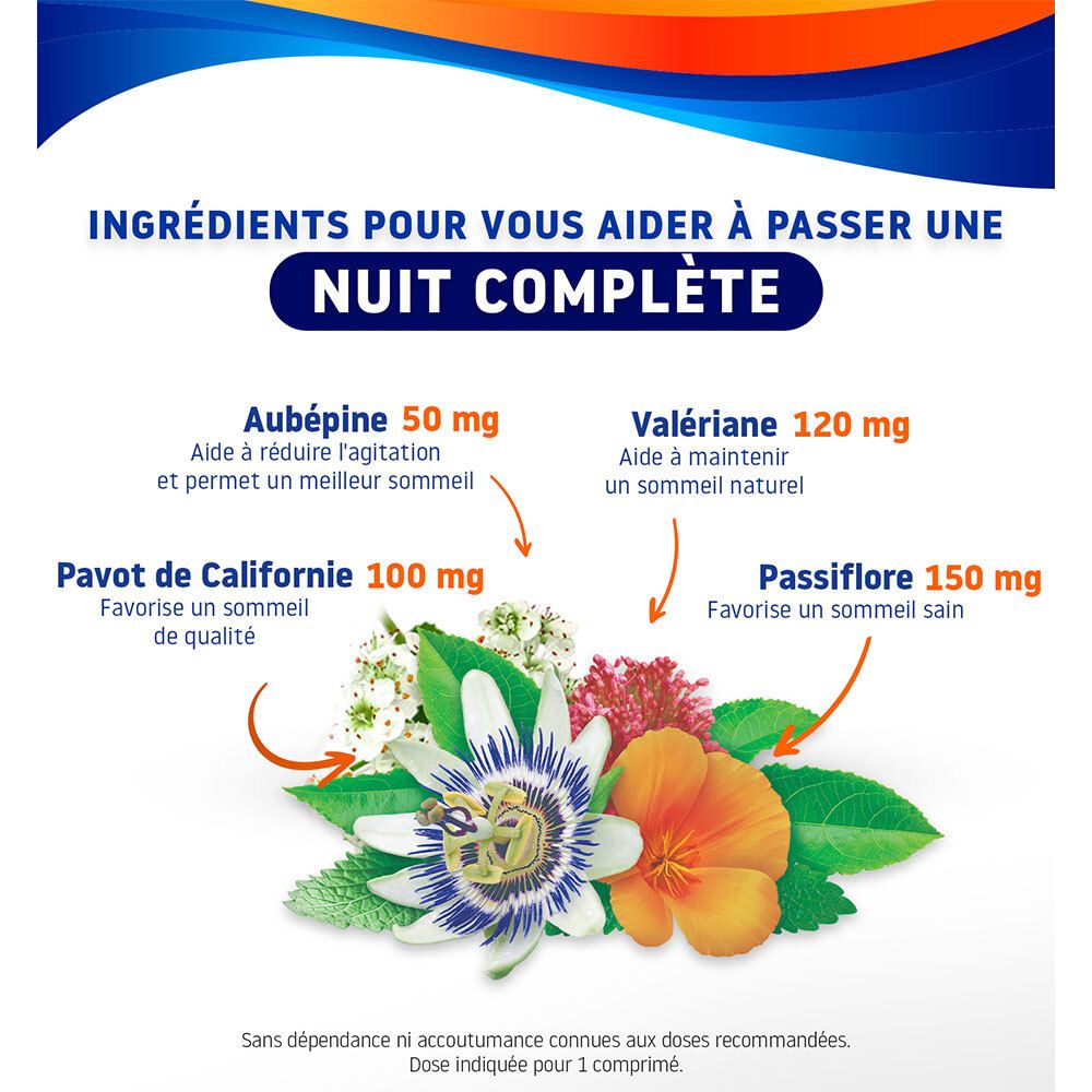 Ingrédients Valdispert Nuit Complète. Illustrations d'Aubépine, Passiflore, Pavot de Californie, Valériane.