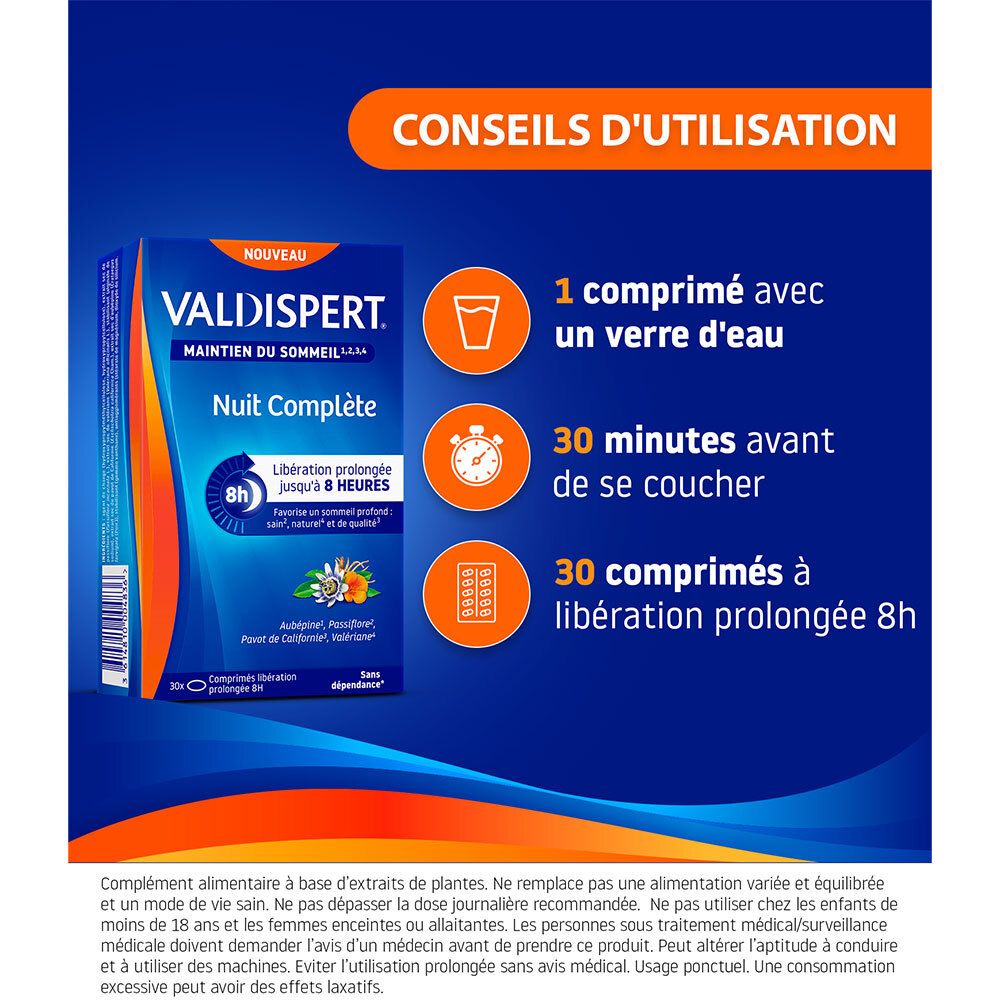 Conseils d'utilisation Valdispert Nuit Complète. 1 comprimé avec eau, 30 min avant coucher. 30 comprimés.