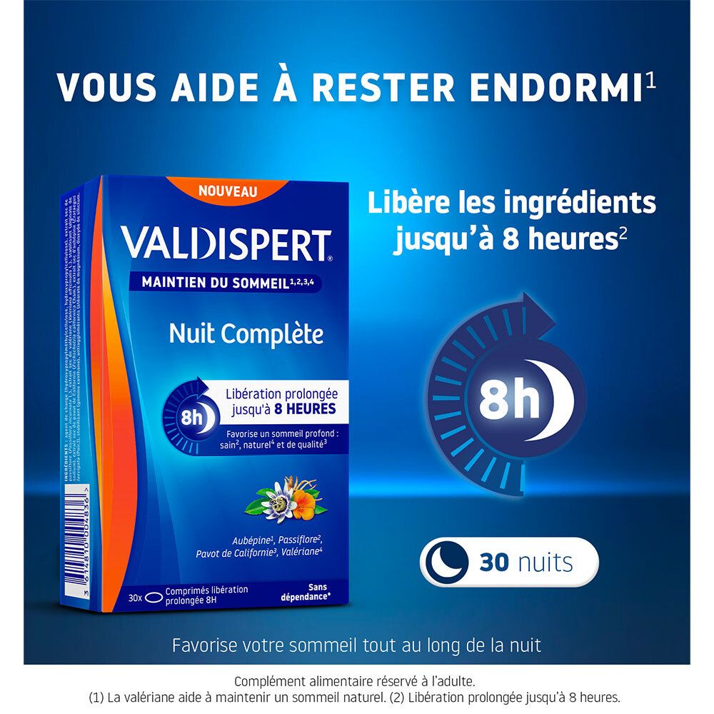 Boîte Valdispert Nuit Complète. Bleu, avec informations produit. 30 comprimés. Libération 8h.