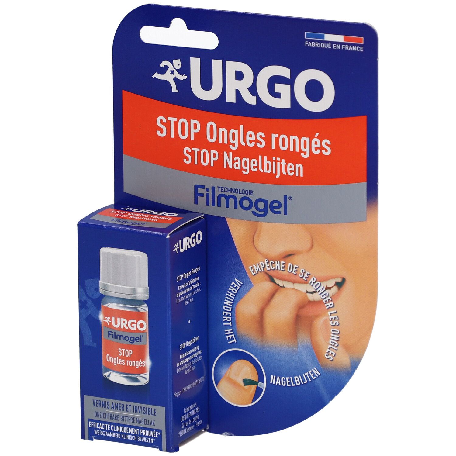 Verpackung mit URGO Stop Ongles rongés. Flasche und Blisterverpackung. Produktname und Logo deutlich sichtbar.
