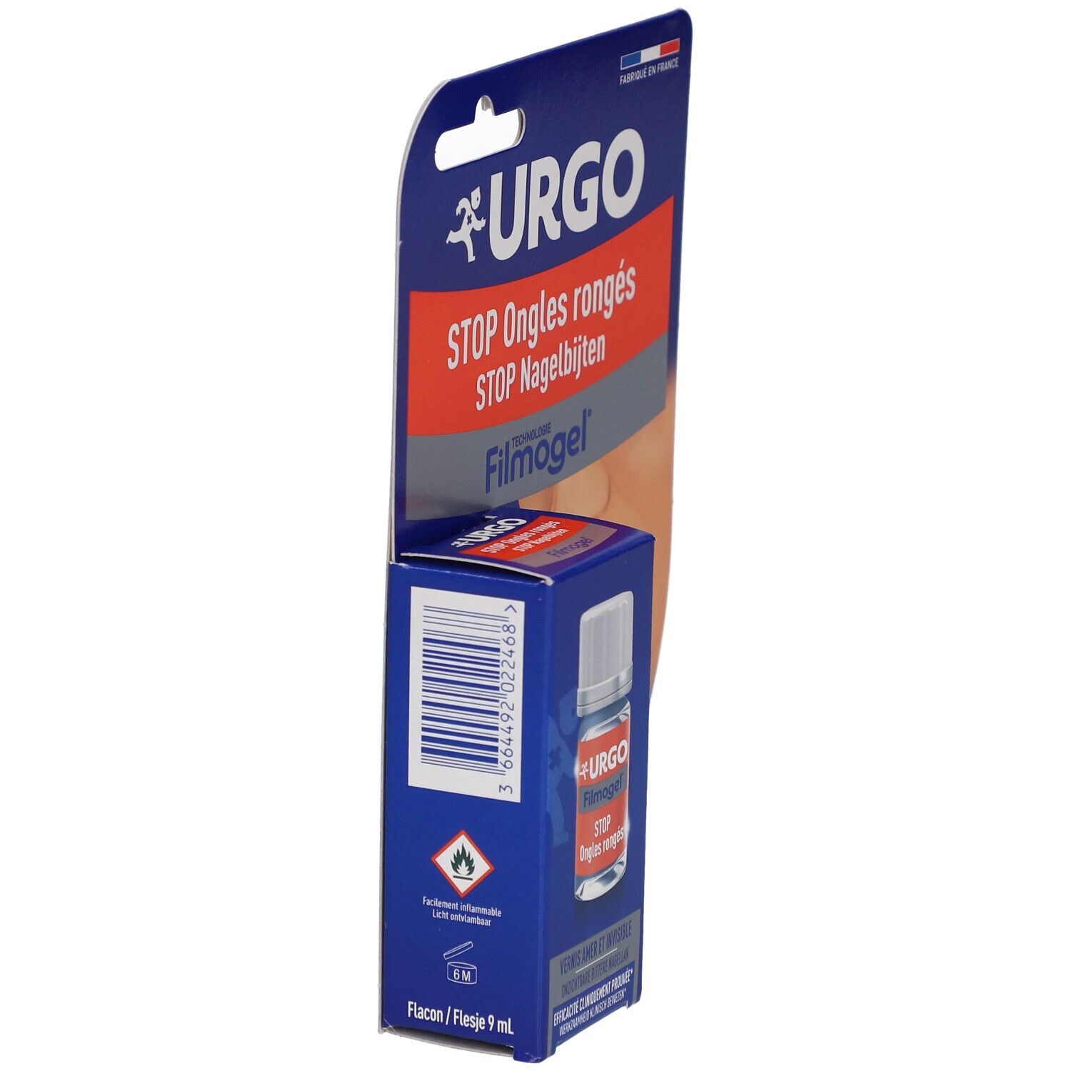 Seitenansicht der Verpackung von URGO Stop Ongles rongés. Flasche im Blister. Warnhinweise und Produktinformationen.