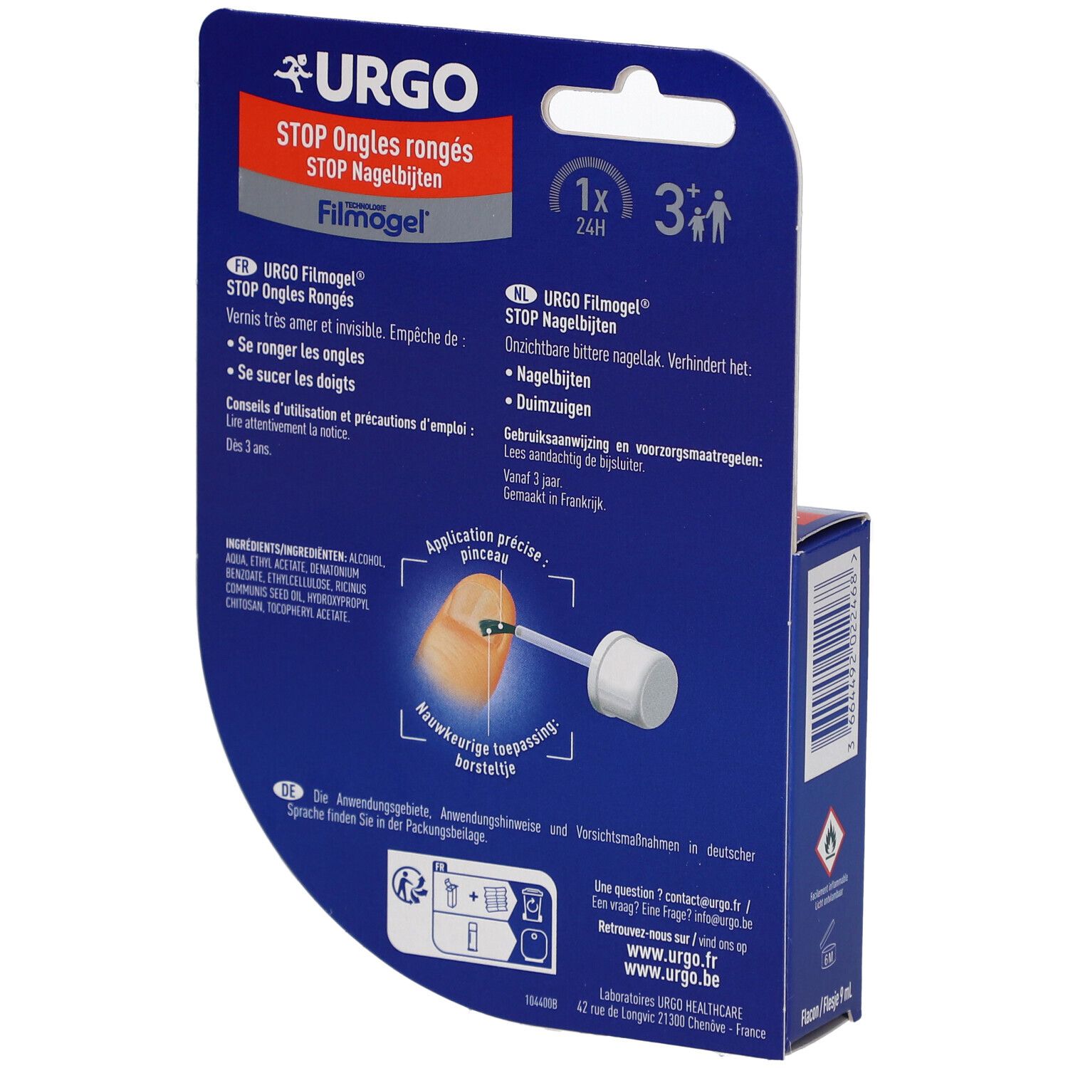 Rückseite der Verpackung von URGO Stop Ongles rongés. Produktinformationen, Inhaltsstoffe und Anweisungen.