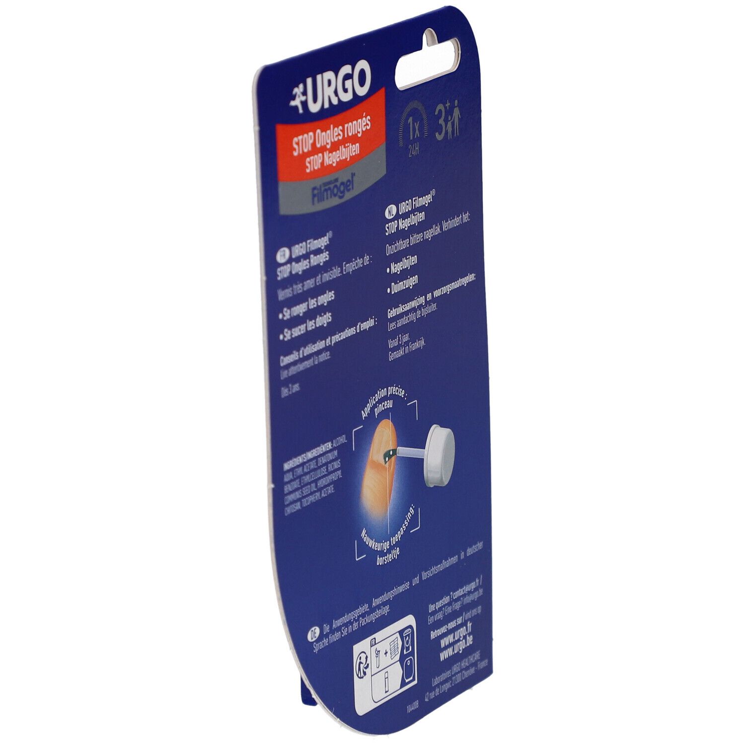 Rückseite der Verpackung von URGO Stop Ongles rongés. Produktinformationen und Anweisungen. Illustration der Anwendung.