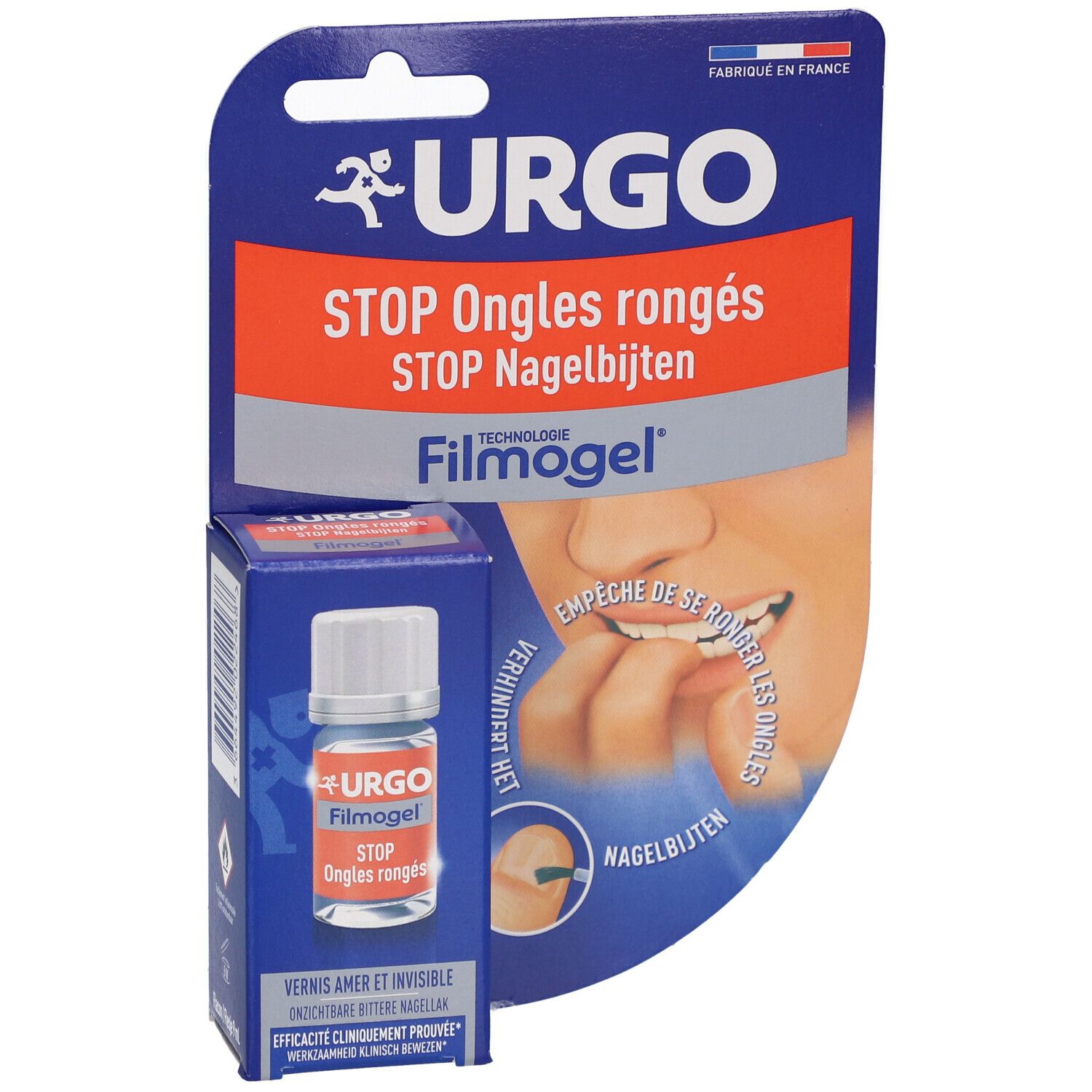 Verpackung URGO Stop Ongles rongés. Flasche und Blisterverpackung. Produktname und Logo deutlich sichtbar.