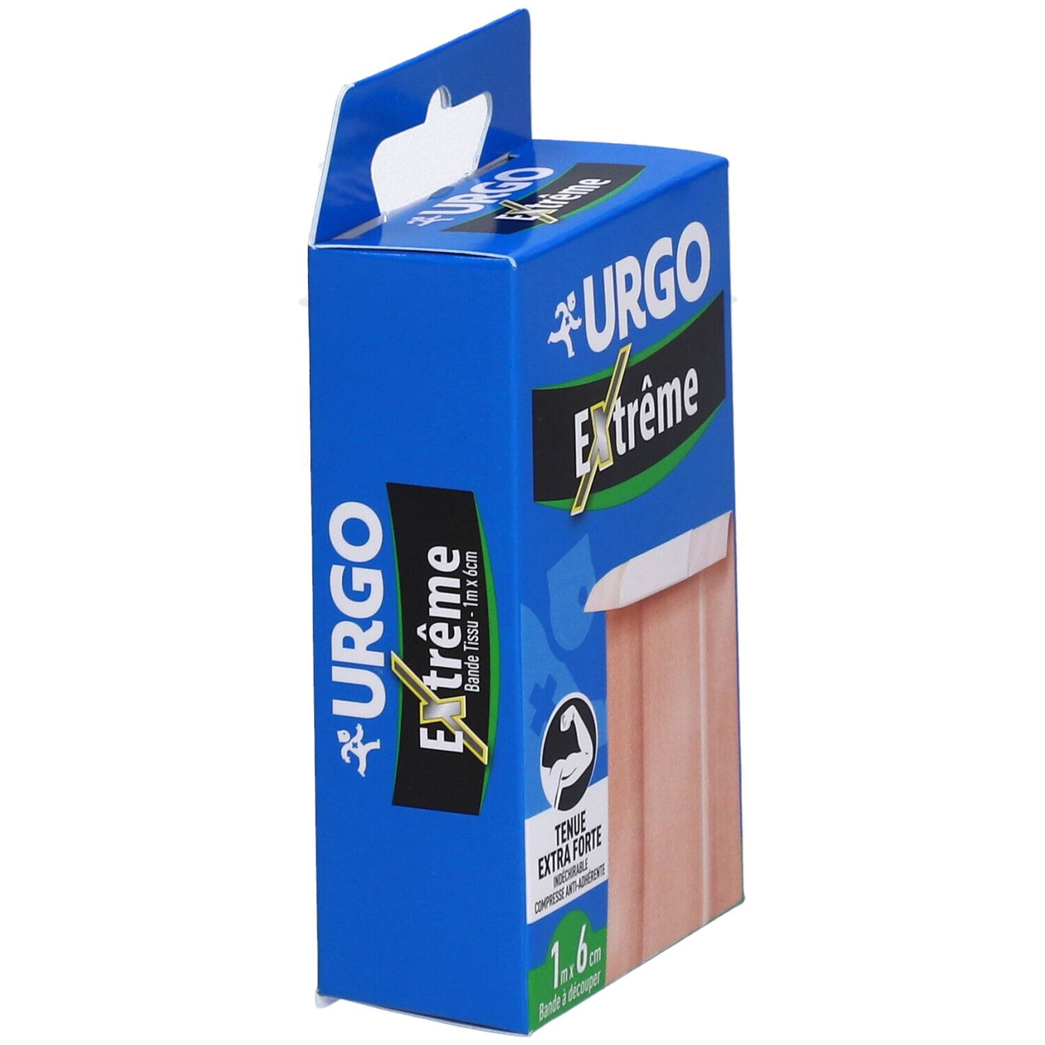 Boîte bleue de pansements URGO Extrême, vue latérale. Inscription : Tenue extra forte, 1 m x 6 cm.