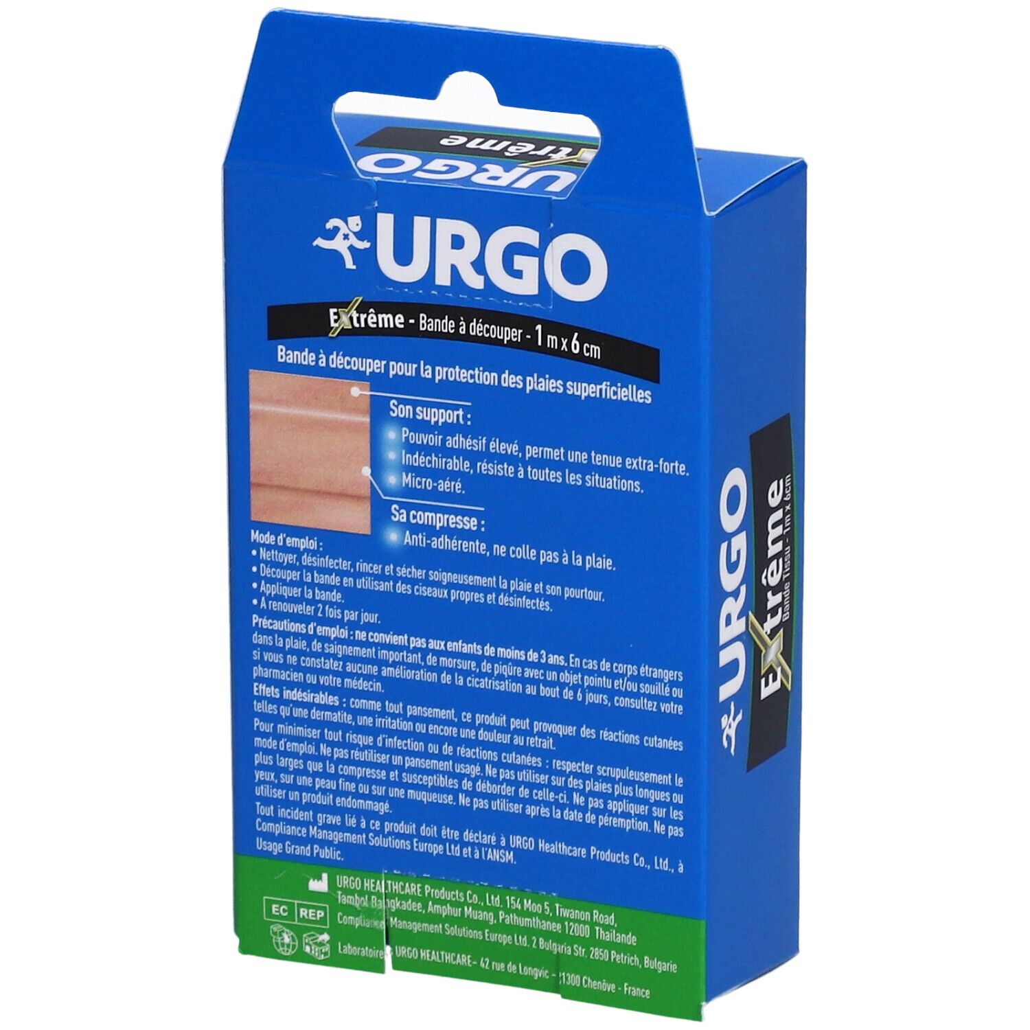 Dos d'une boîte bleue de pansements URGO Extrême. Texte : Bande à découper, 1 m x 6 cm. Informations sur le produit.