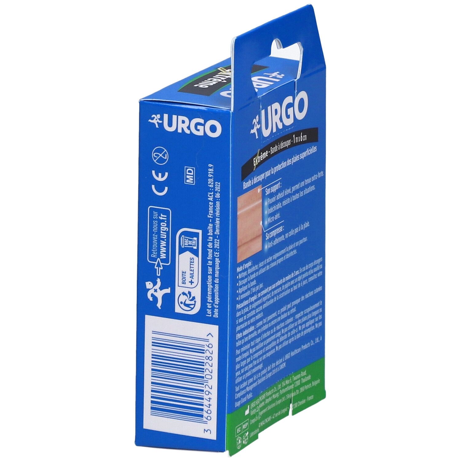 Vue latérale d'une boîte bleue de pansements URGO Extrême. Texte : Marquage CE, informations sur le produit.