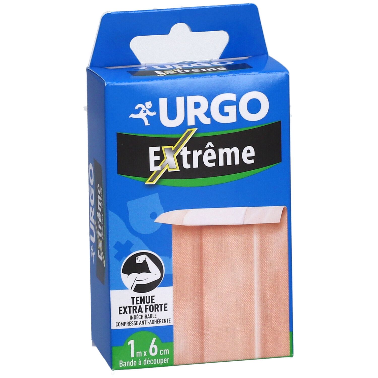 Boîte bleue de pansements URGO Extrême. Un pansement est visible. Inscription : Tenue extra forte, 1 m x 6 cm.