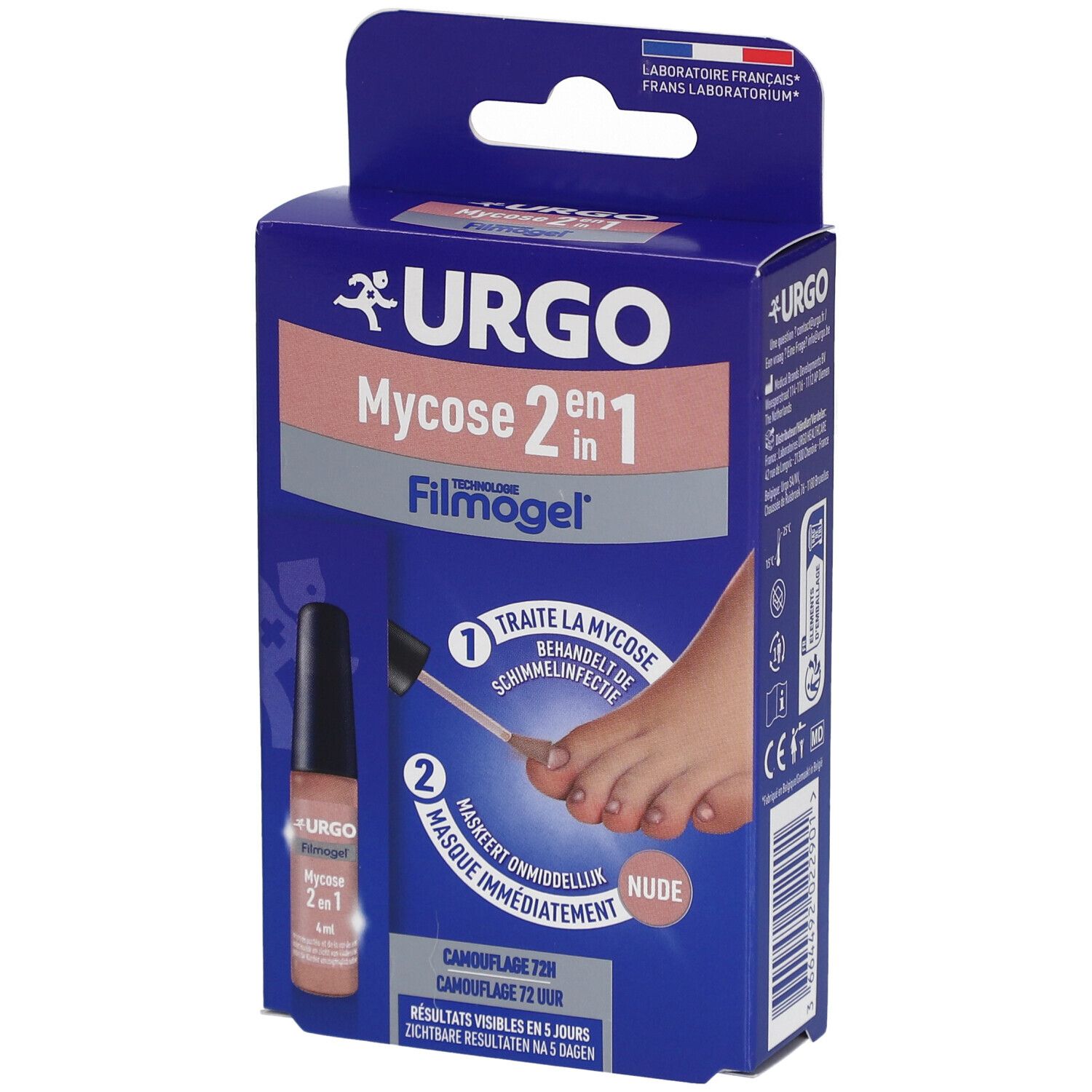 Boîte de URGO Filmogel Mycose 2en1 Nude. Image du produit avec applicateur et pied. Texte: Traite la mycose, masque immédiatement.