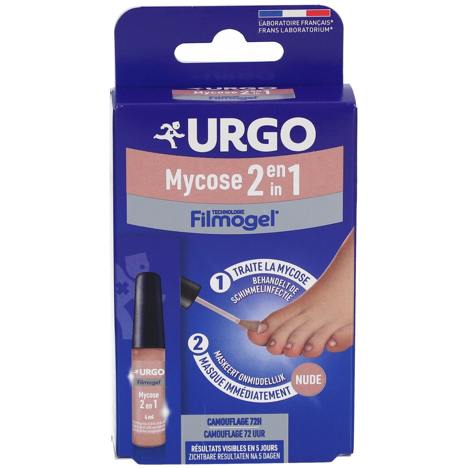 Boîte de URGO Filmogel Mycose 2en1 Nude. Image du produit avec applicateur et pied. Texte: Traite la mycose, masque immédiatement.