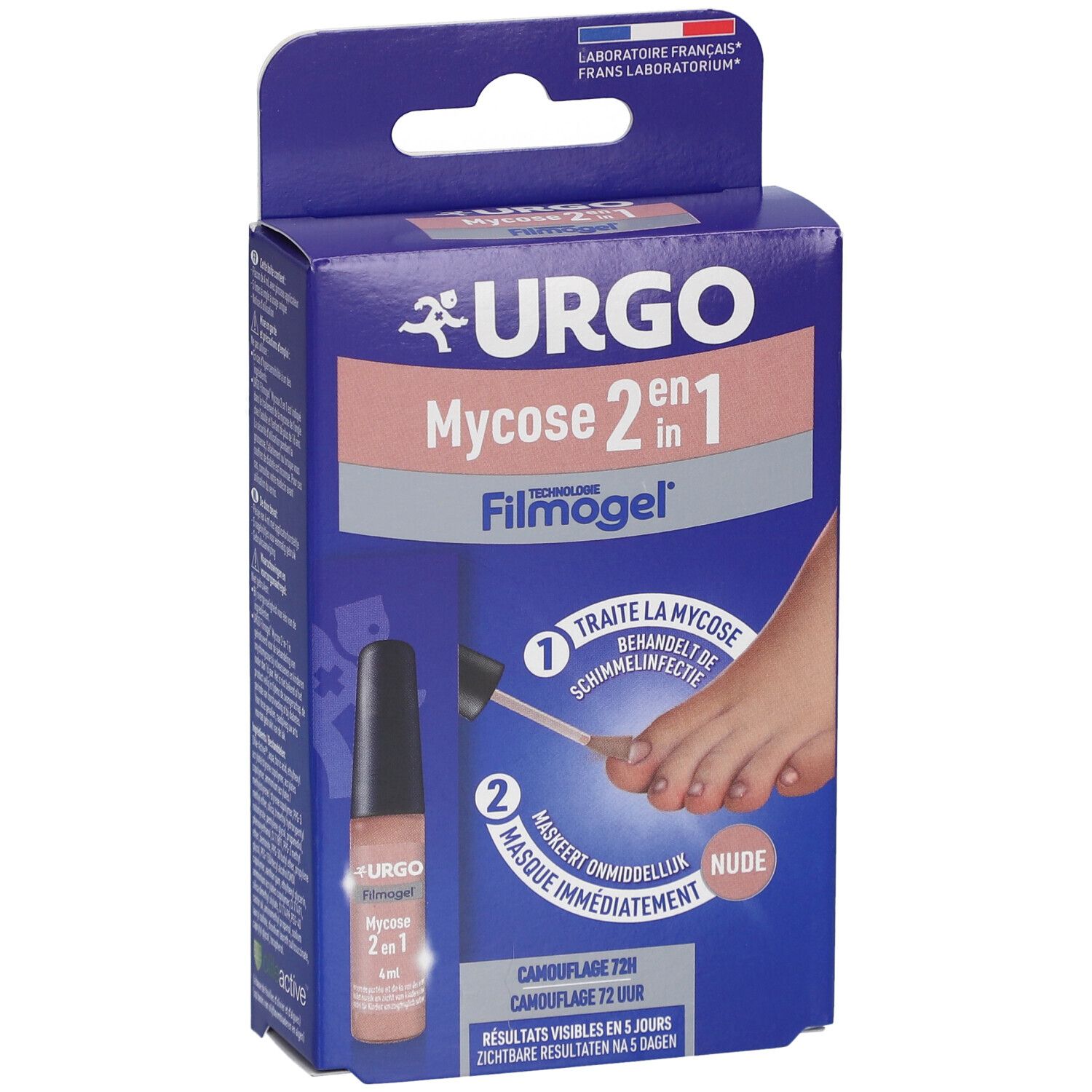Boîte de URGO Filmogel Mycose 2en1 Nude. Image du produit avec applicateur et pied. Texte: Traite la mycose, masque immédiatement.