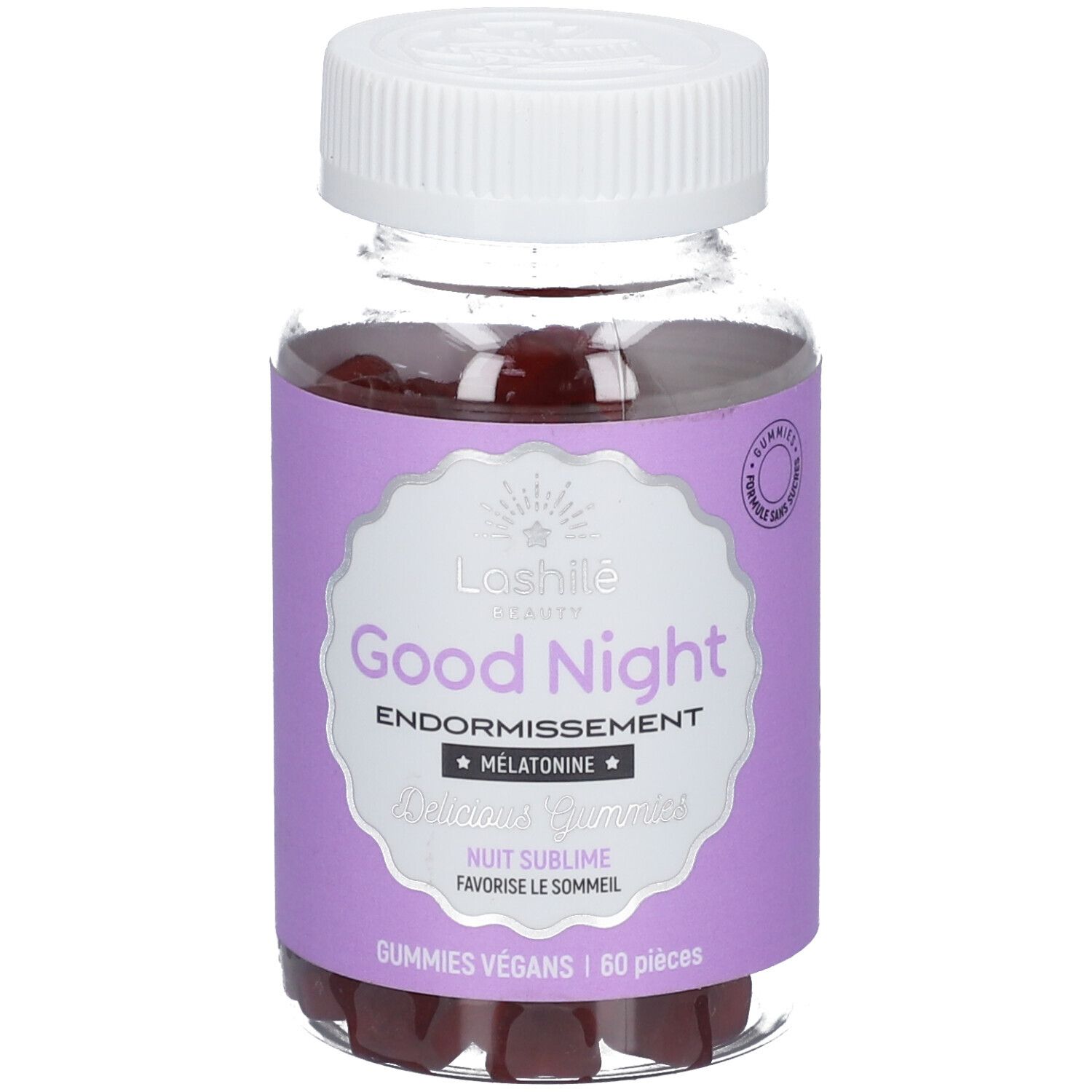 Flacon en verre avec étiquette violette. Inscription: Good Night, Endormissement, Mélatonine. Gummies véganes, 60 pièces.