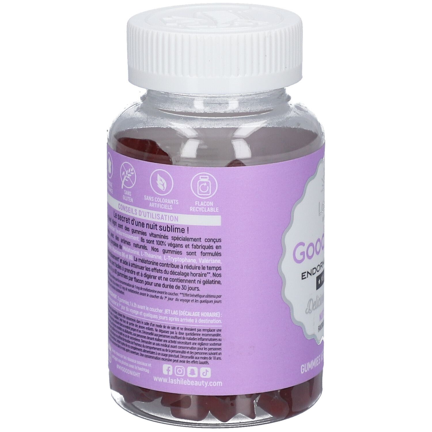 Dos du flacon. Texte: informations d'utilisation, ingrédients, végan, sans colorants, recyclable.
