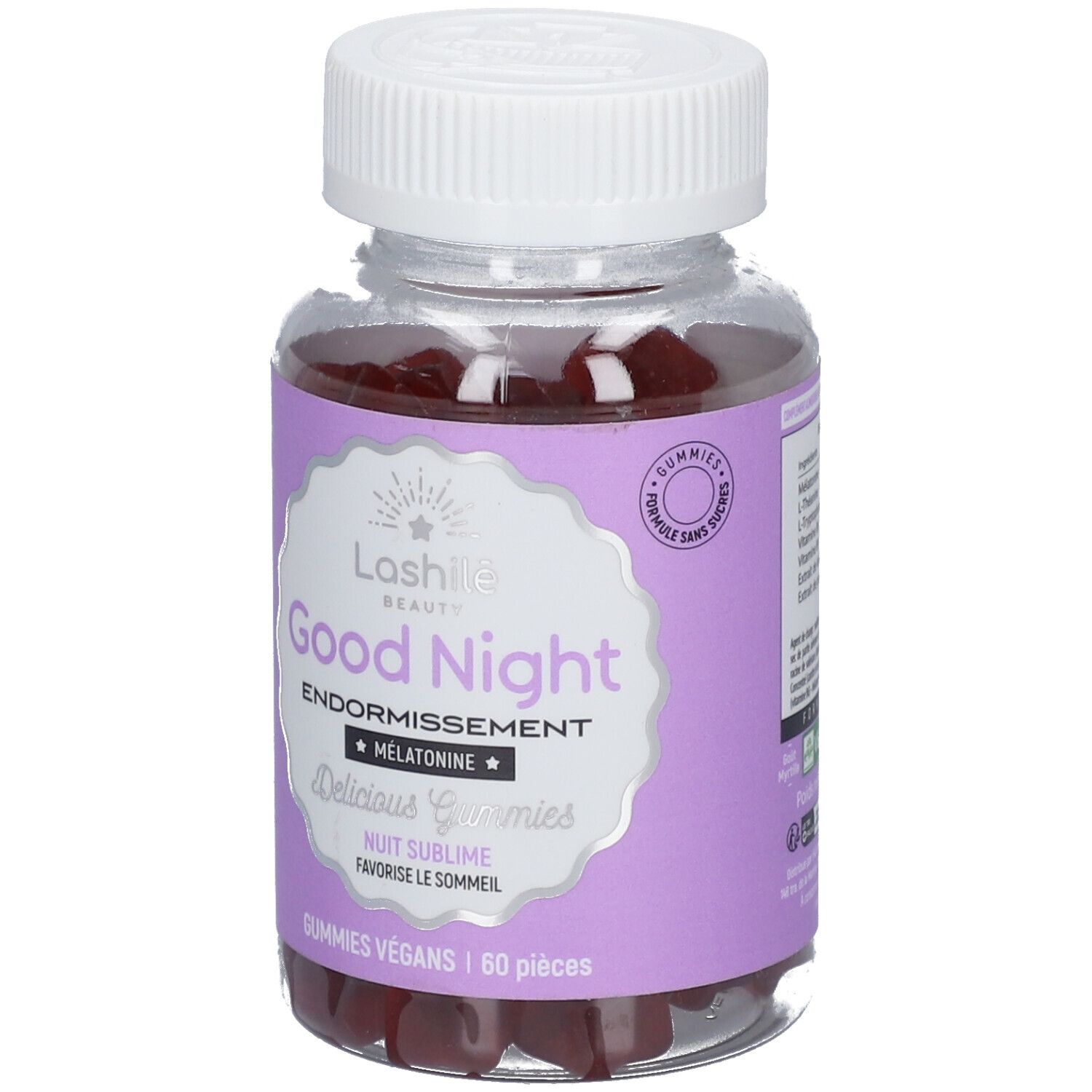 Flacon en verre avec étiquette violette. Inscription: Good Night, Endormissement, Mélatonine. Gummies véganes, 60 pièces.