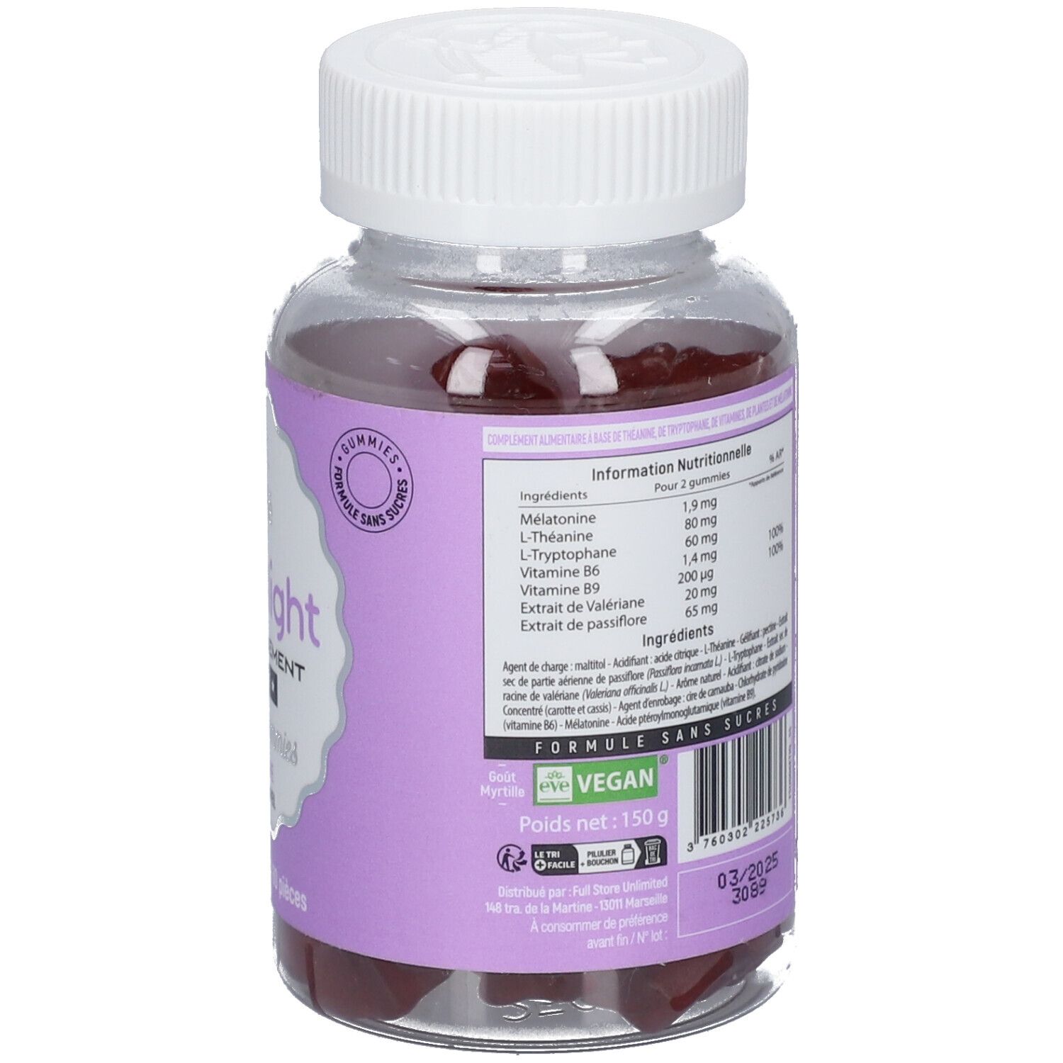 Dos du flacon. Texte: informations nutritionnelles, végan, sans sucre, poids net 150g, date de péremption.