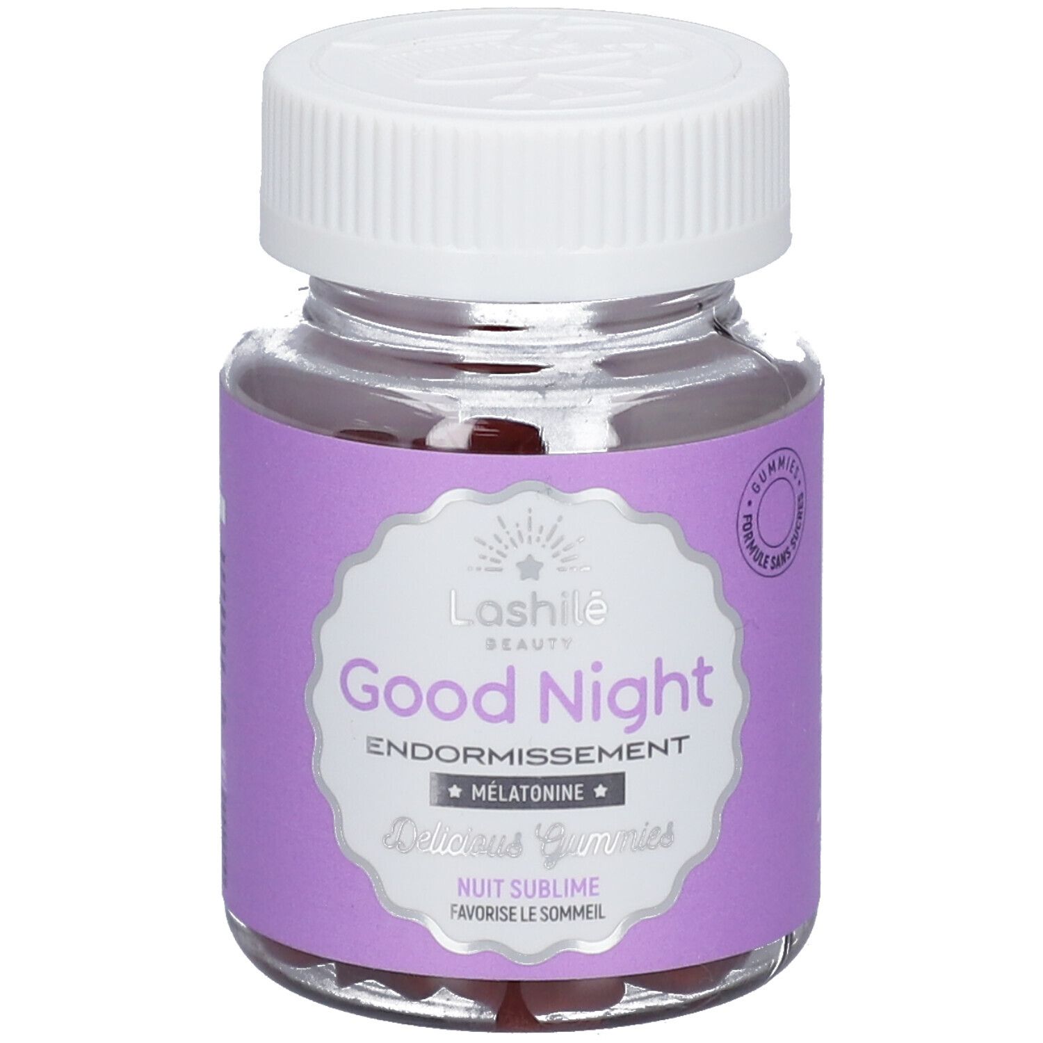 Flacon de gummies Good Night Lashilé Beauty. Contient de la mélatonine. Étiquette violette.