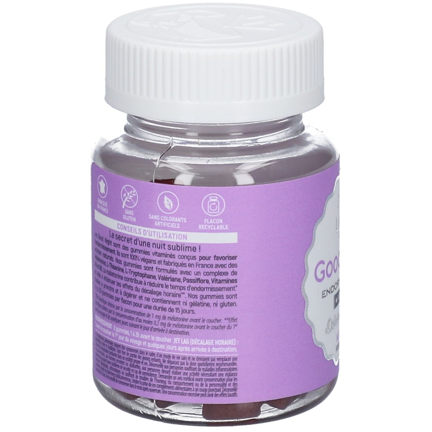 Dos du flacon de gummies. Texte: Conseils d'utilisation. Informations sur les ingrédients et le recyclage.