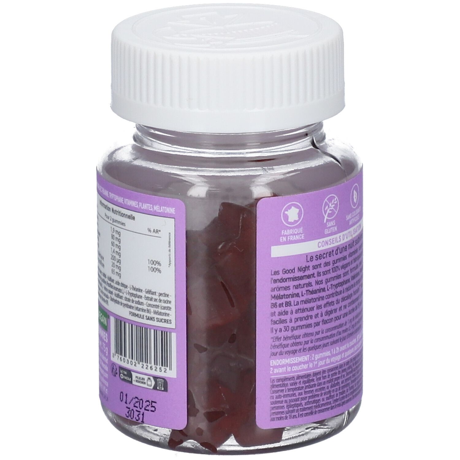 Dos du flacon de gummies. Informations nutritionnelles. Contient mélatonine, L-théanine, L-tryptophane, vitamine B6.