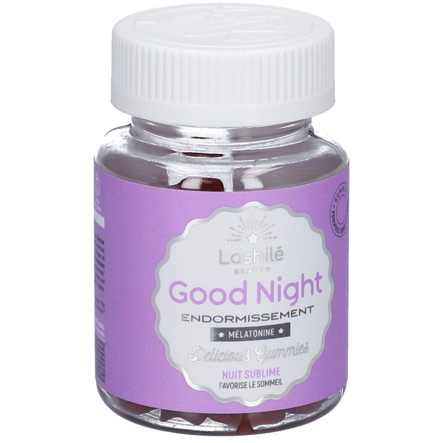 Flacon de gummies Good Night Lashilé Beauty. Contient de la mélatonine. Étiquette violette.