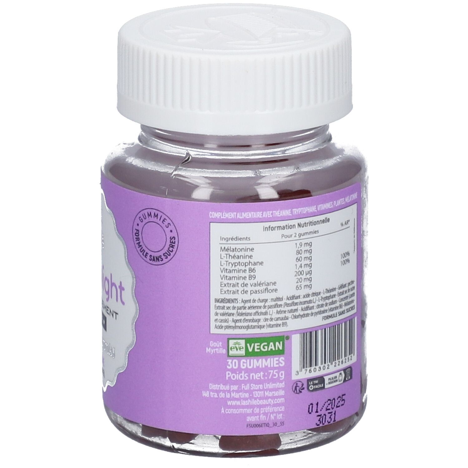 Dos du flacon de gummies. Informations nutritionnelles. Vegan. 30 gummies. Date de péremption: 01/2025.