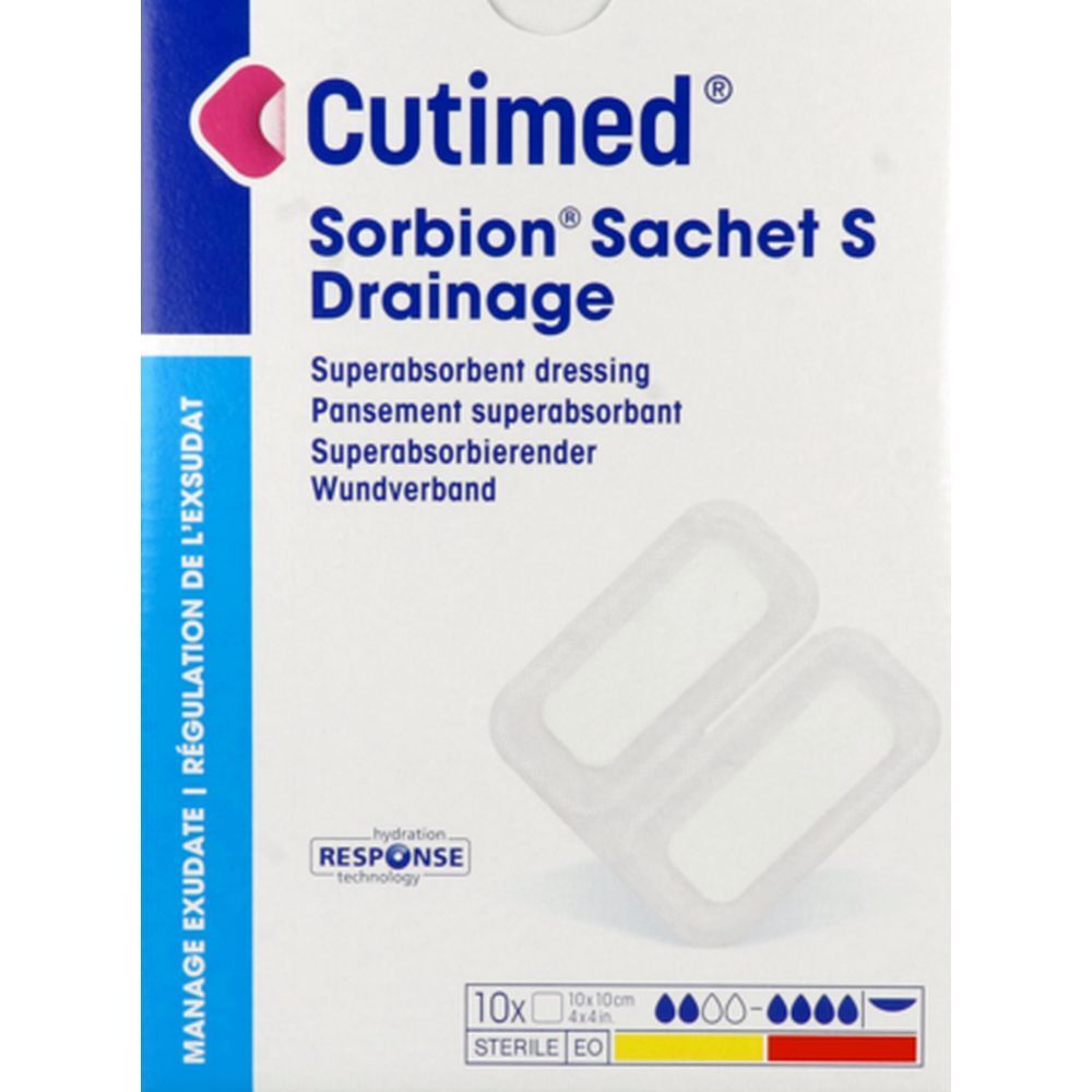 Emballage Cutimed Sorbion Sachet S Drainage. Deux pansements transparents. Inscriptions: Manage Exsudate, 10x10cm.
