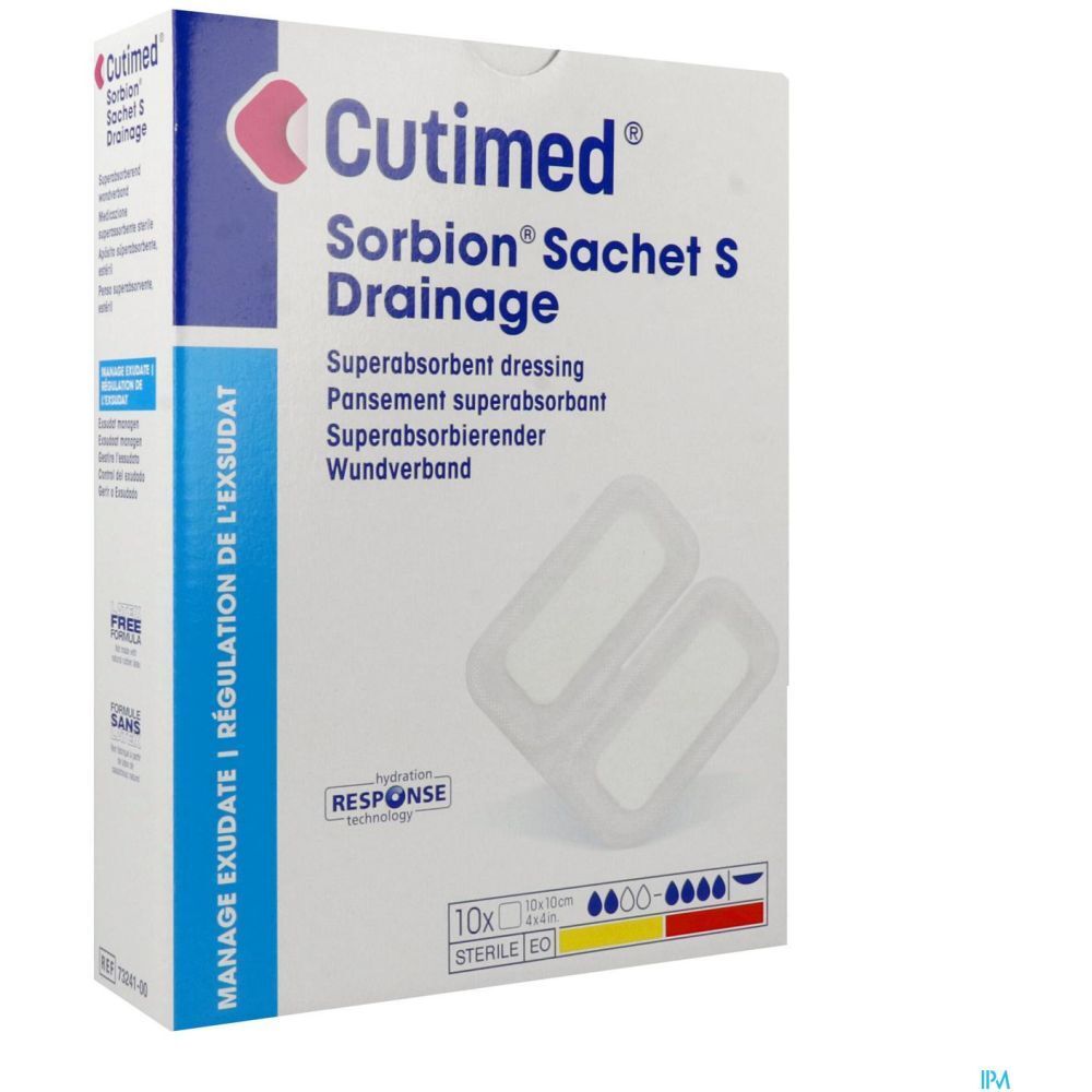 Emballage Cutimed Sorbion Sachet S Drainage. Deux pansements transparents. Inscriptions: Manage Exsudate, 10x10cm. Boîte.