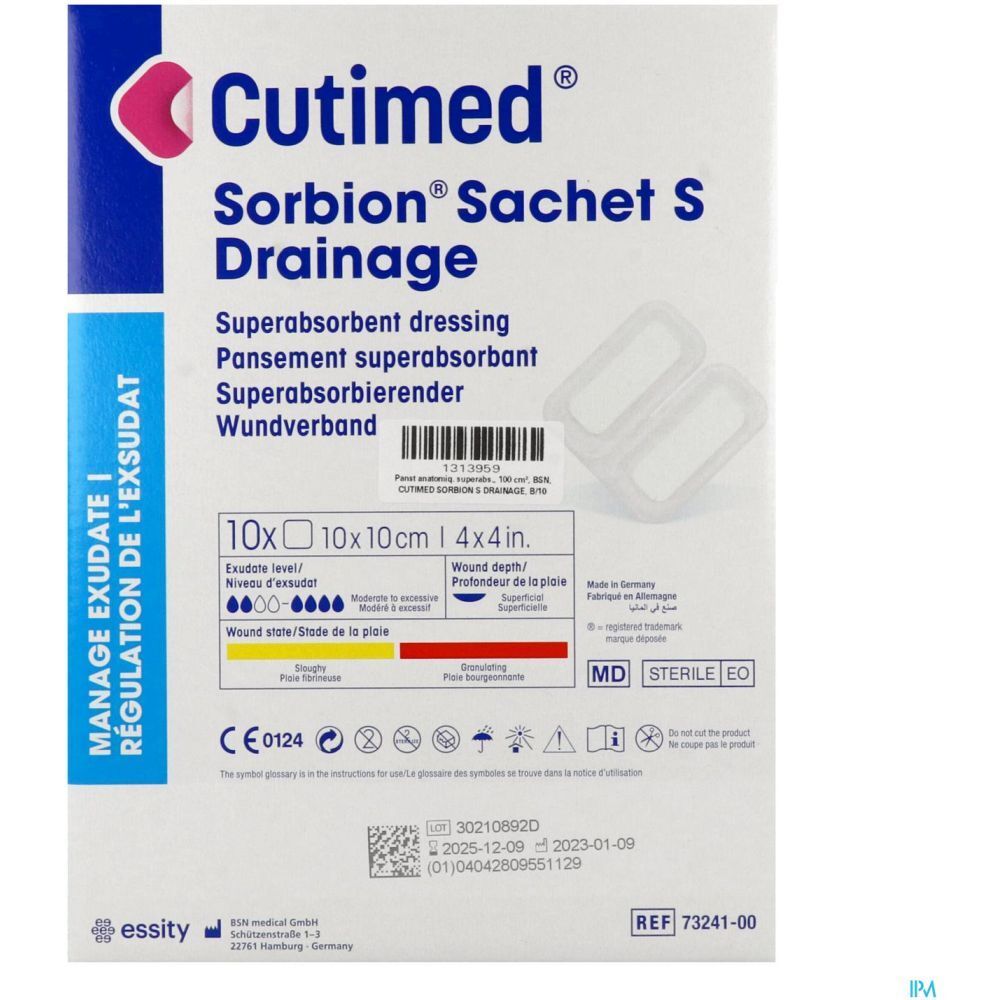 Emballage Cutimed Sorbion Sachet S Drainage. Deux pansements transparents. Inscriptions: Manage Exsudate, 10x10cm, marquage CE.