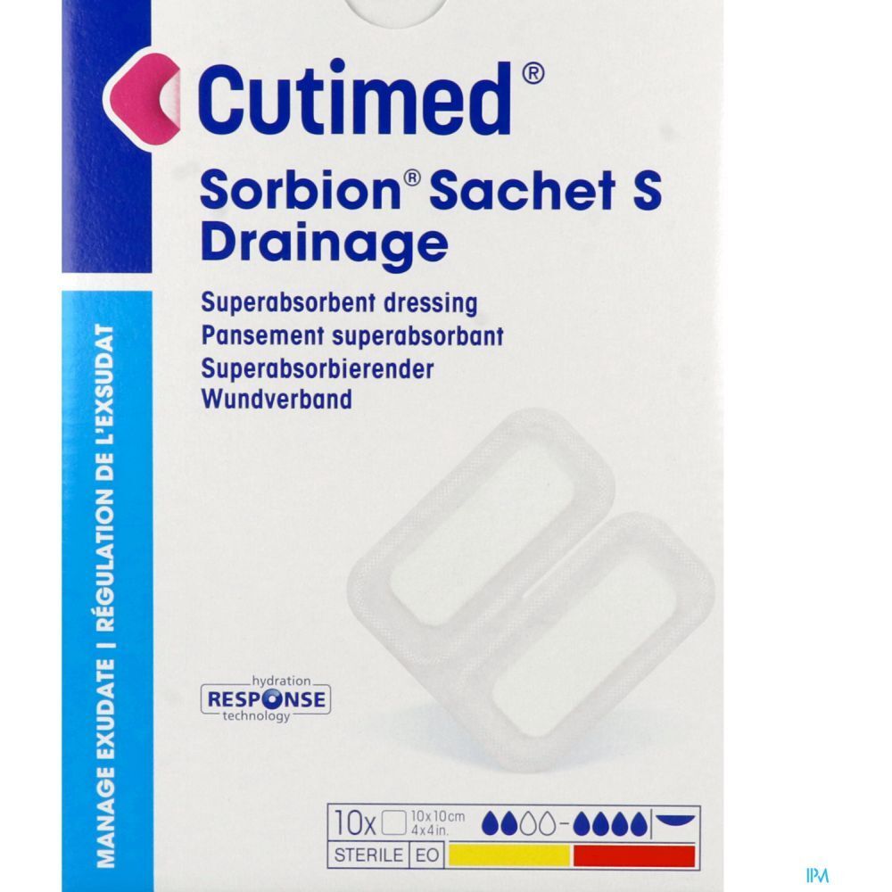 Emballage Cutimed Sorbion Sachet S Drainage. Deux pansements transparents. Inscriptions: Manage Exsudate, 10x10cm.