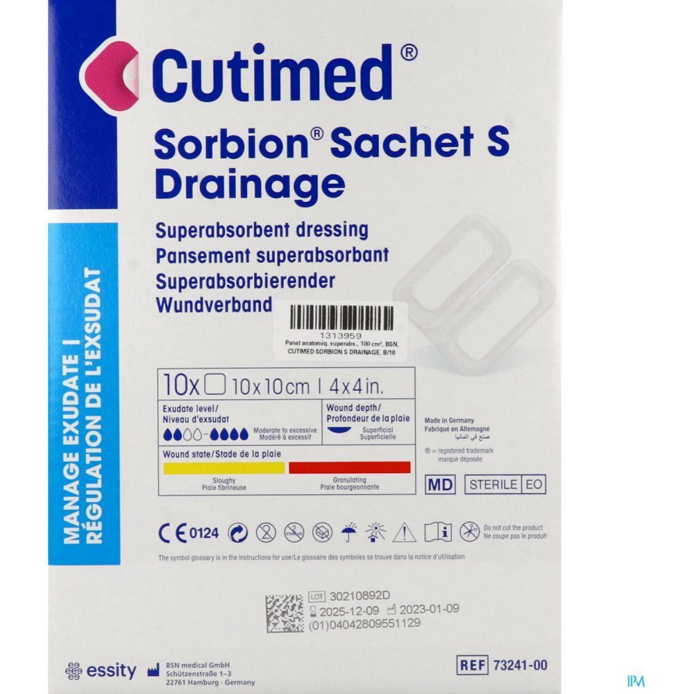 Emballage Cutimed Sorbion Sachet S Drainage. Deux pansements transparents. Inscriptions: Manage Exsudate, 10x10cm, marquage CE.