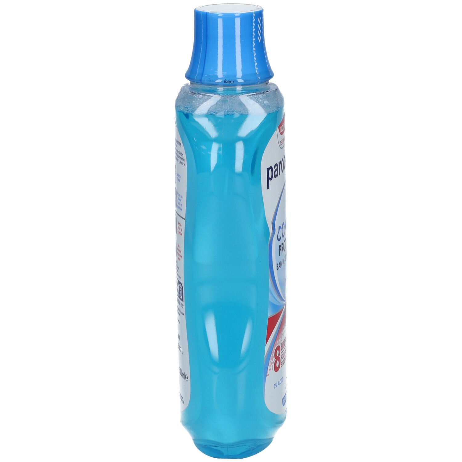 parodontax Mundspülung, blaue Flasche, Seitenansicht. Aufschrift: Complete Protection. 8 Vorteile für gesundes Zahnfleisch.