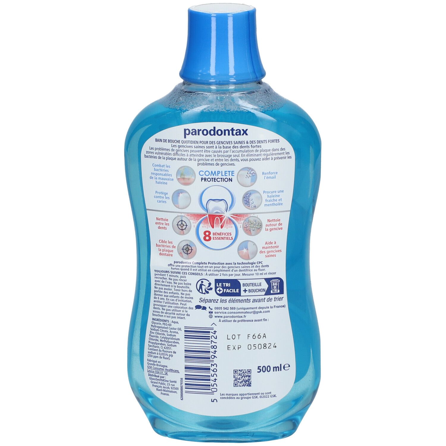 parodontax Mundspülung, Rückseite der blauen Flasche. Text mit Informationen zu den Vorteilen und Inhaltsstoffen.