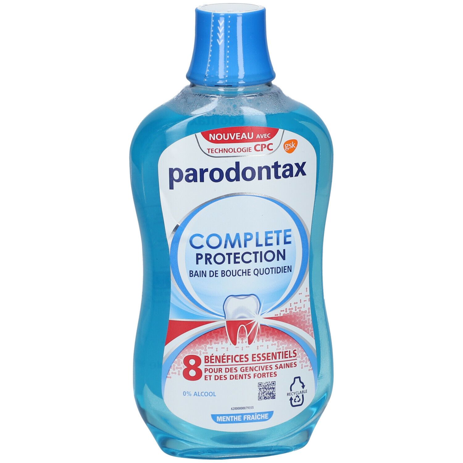 parodontax Mundspülung, blaue Flasche. Aufschrift: Complete Protection, Frische Minze. 8 Vorteile für gesundes Zahnfleisch.