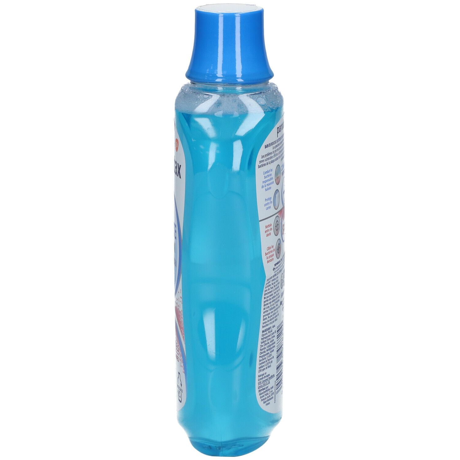 parodontax Mundspülung, blaue Flasche, Seitenansicht. Aufschrift: Complete Protection. 8 Vorteile für gesundes Zahnfleisch.