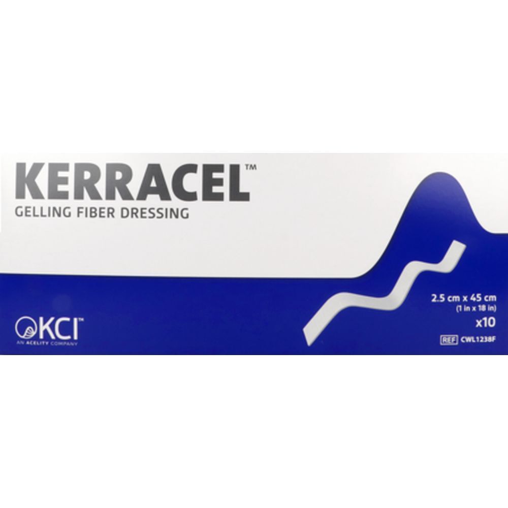 Verpakking van Kerracel Gelling Fiber Dressing. Blauw-witte doos met productinformatie en logo.