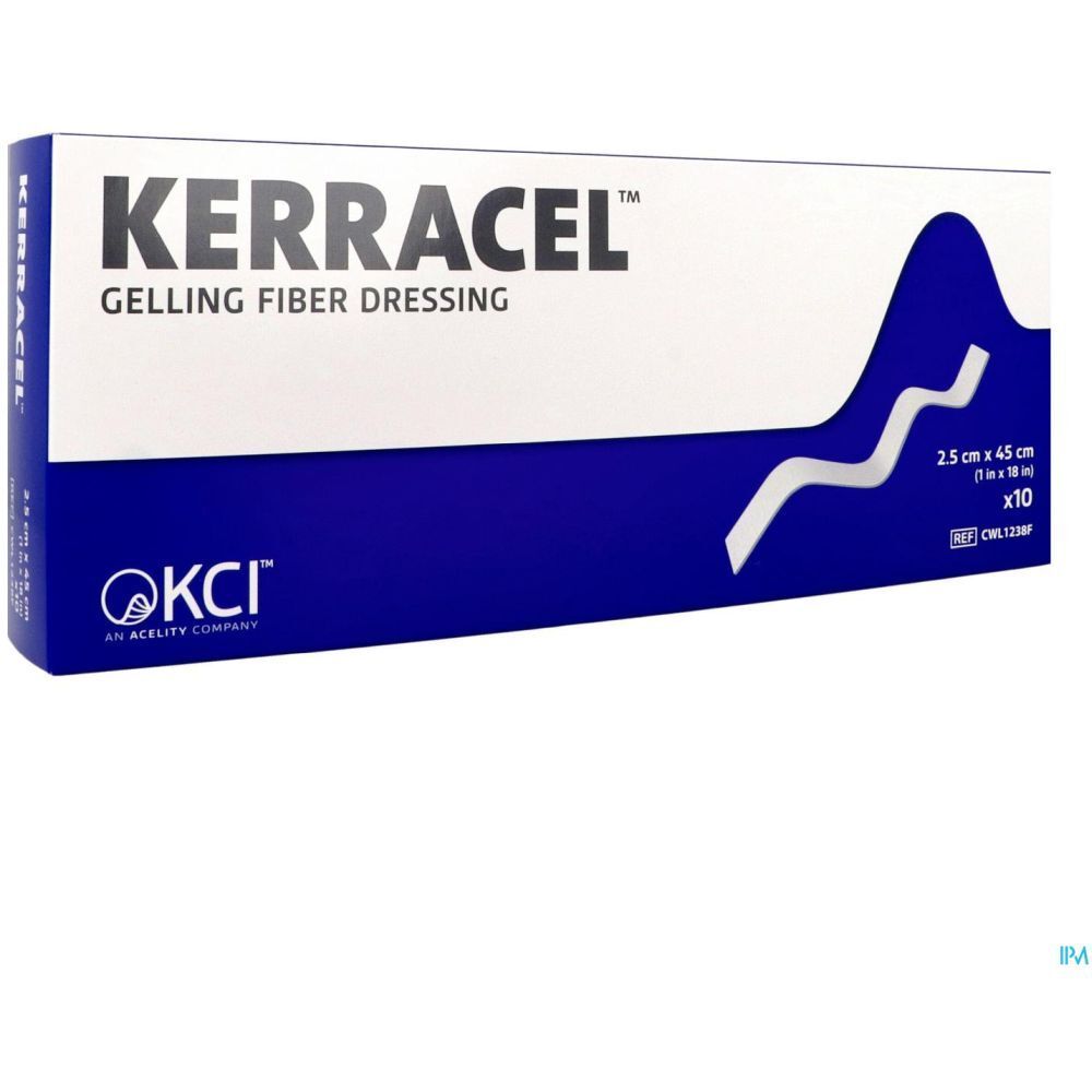 Verpakking Kerracel Gelling Fiber Dressing. Blauw-witte doos. Productnaam, afmetingen en logo zichtbaar.