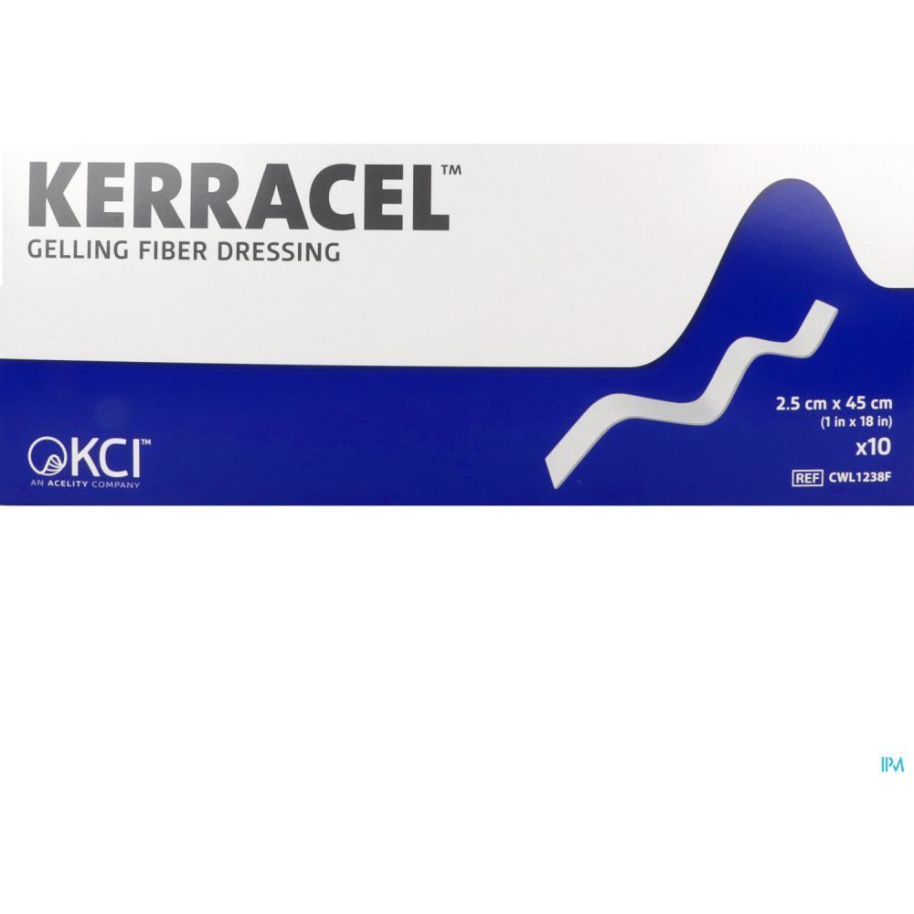 Verpakking Kerracel Gelling Fiber Dressing. Blauw-witte doos. Productnaam, afmetingen en logo zichtbaar.