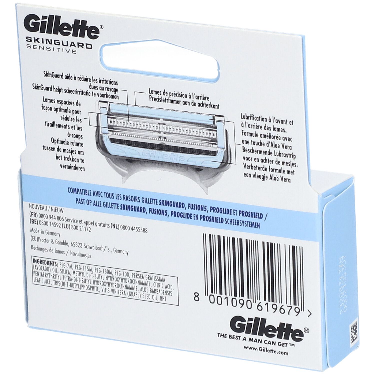 Dos du paquet avec informations produit. Contient de l'Aloe Vera. Compatible avec les rasoirs Gillette.