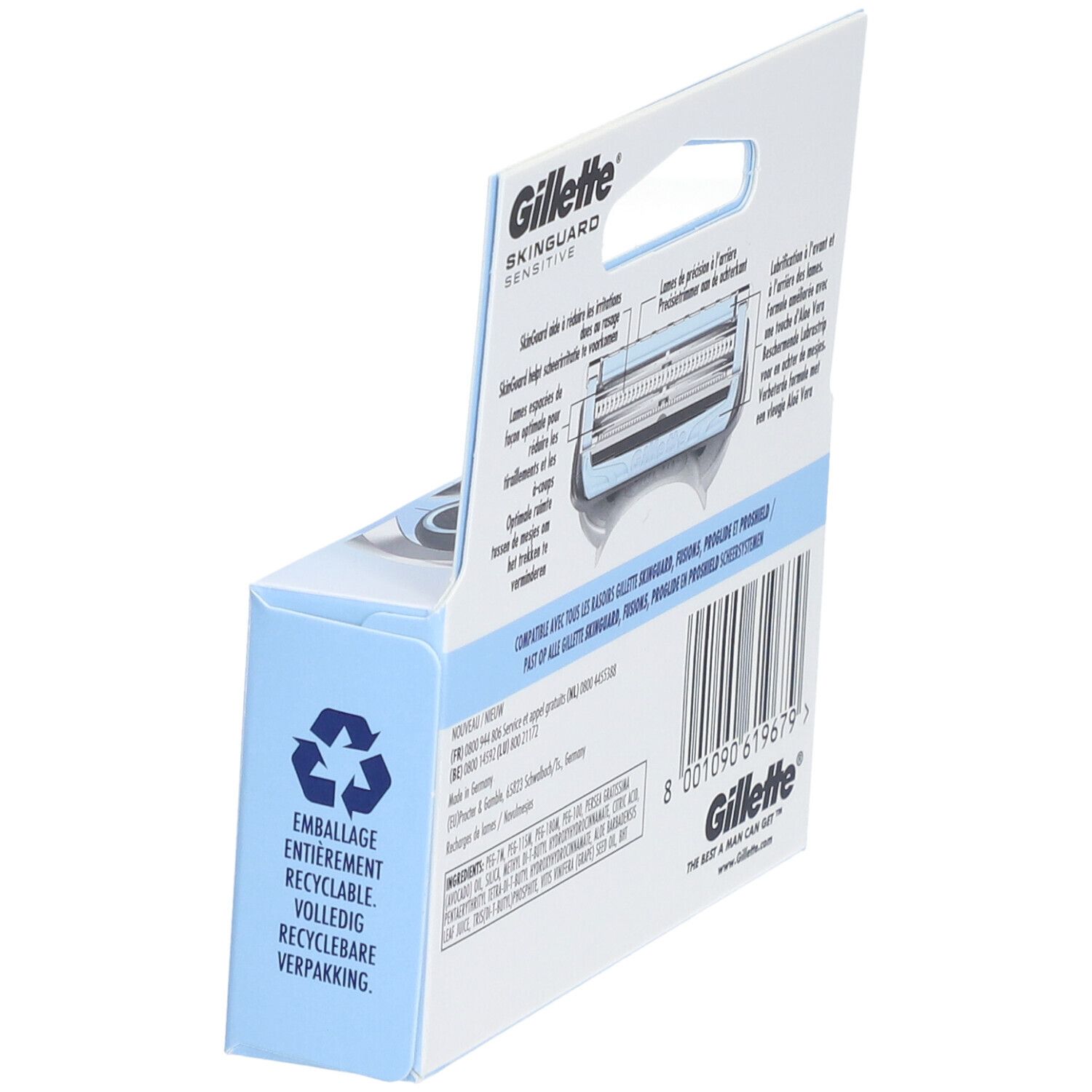 Emballage avec symbole de recyclage. Informations produit et code-barres. Marque Gillette.