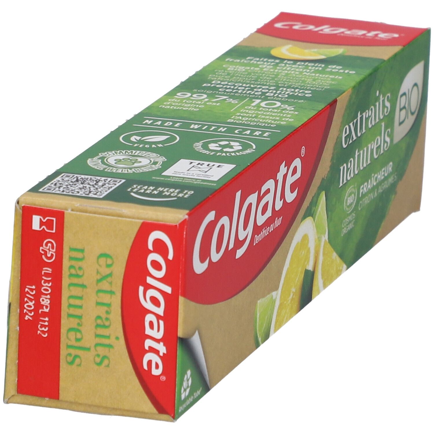 Zahnpasta-Verpackung, Colgate-Logo, Text: "extraits naturels BIO", Zitronen- und Limetten-Abbildung, Recycling-Symbol.