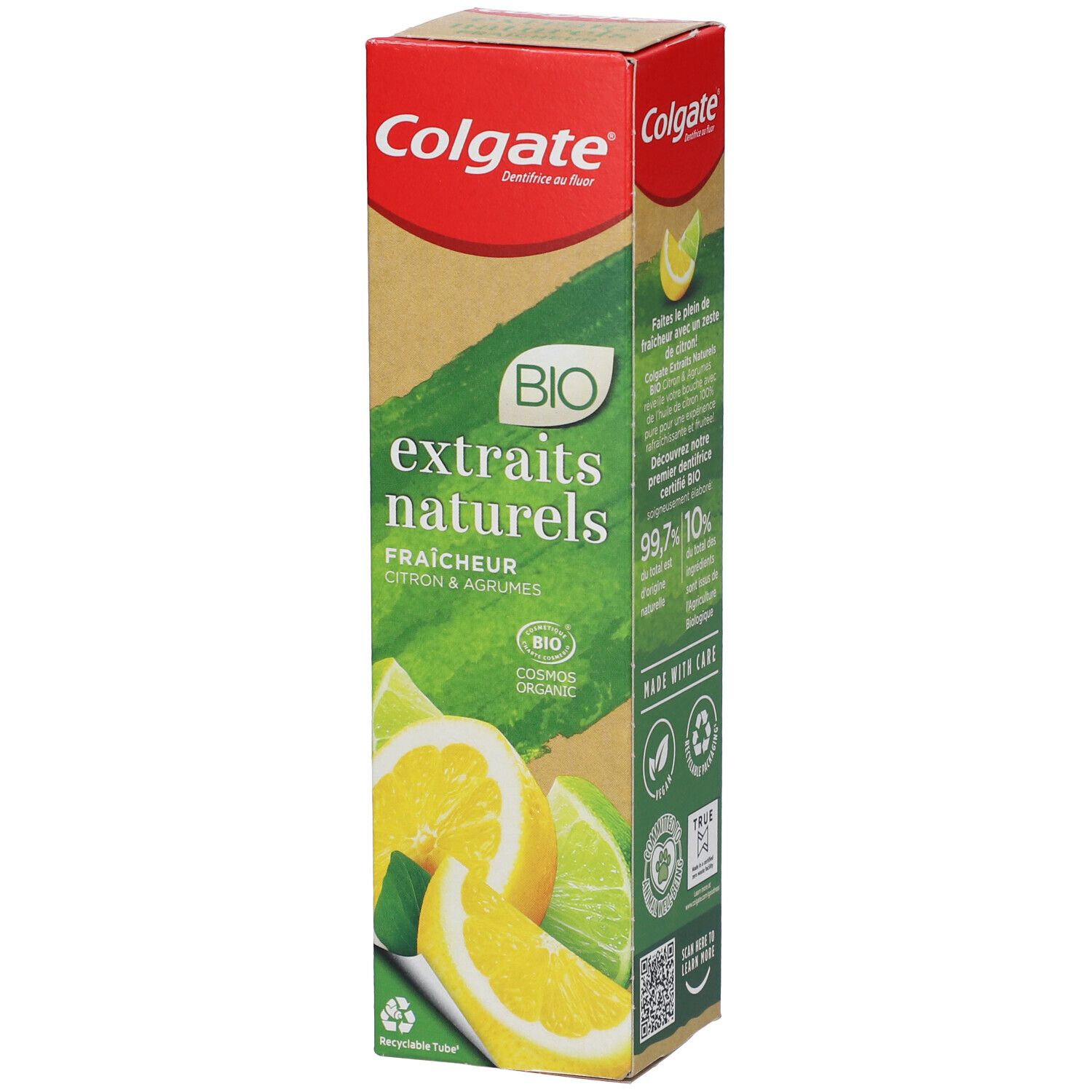 Zahnpasta-Verpackung, Colgate-Logo, Text: "extraits naturels BIO", Zitronen- und Limetten-Abbildung, Recycling-Symbol.