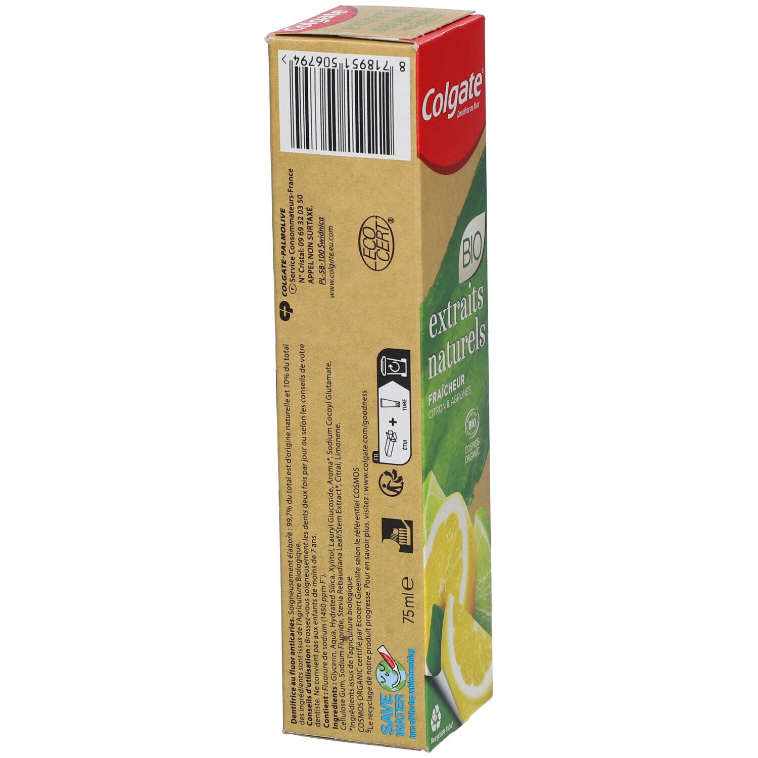 Zahnpasta-Verpackung, Rückseite, Text, Barcode, Recycling-Informationen, Colgate-Logo, Zitronen- und Limetten-Abbildung.