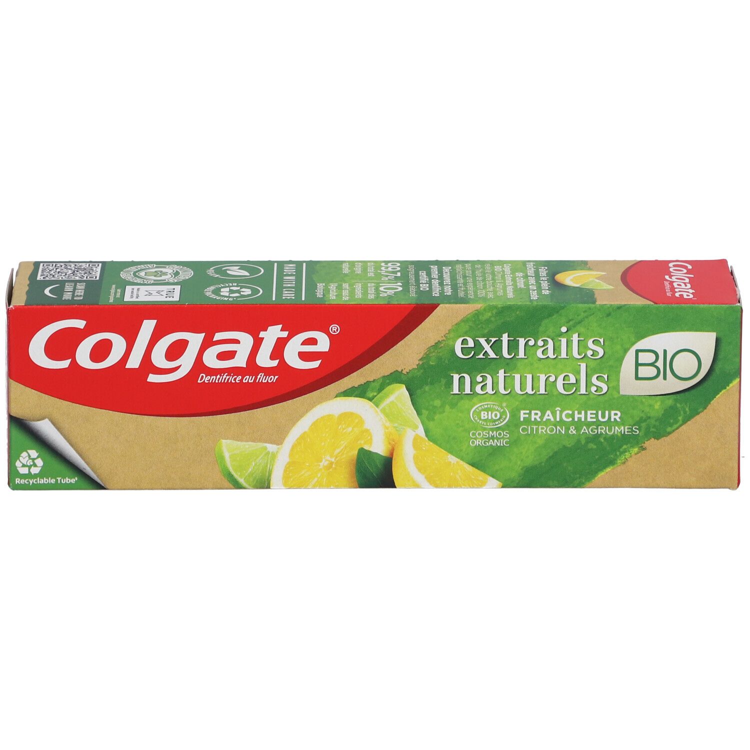 Zahnpasta-Verpackung, Colgate-Logo, Text: "extraits naturels BIO", Zitronen- und Limetten-Abbildung, Recycling-Symbol.