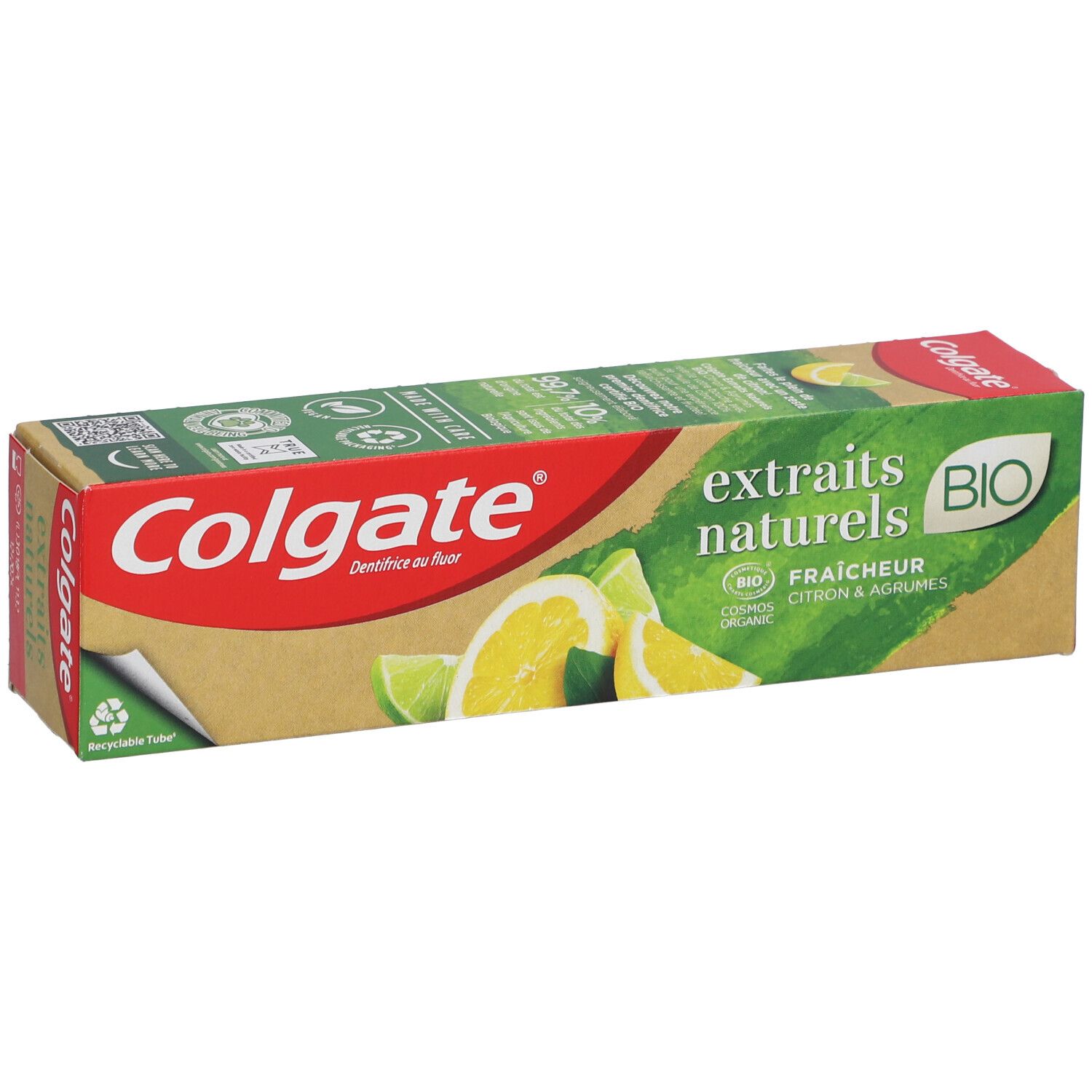 Zahnpasta-Verpackung, Colgate-Logo, Text: "extraits naturels BIO", Zitronen- und Limetten-Abbildung, Recycling-Symbol.